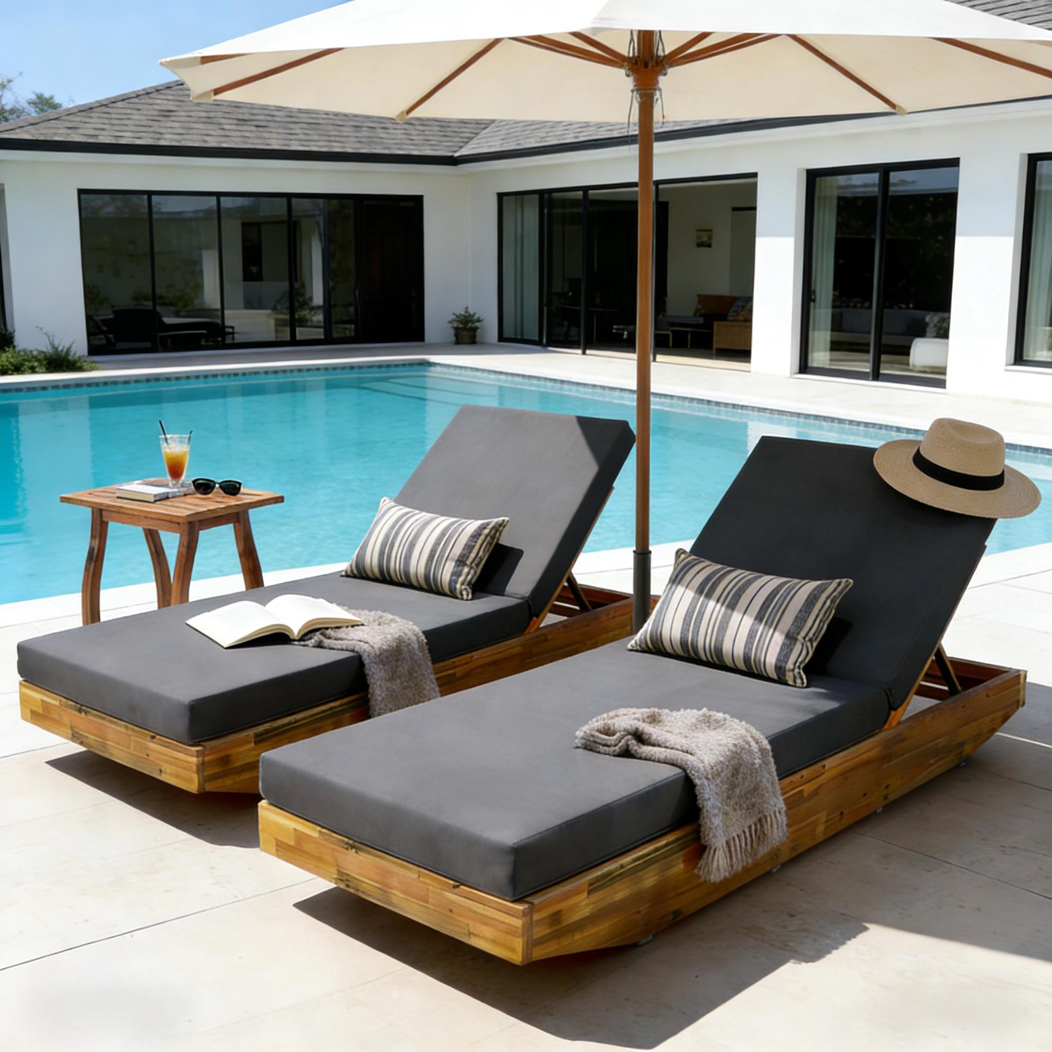 Acacia Wood Chaise Lounge with Cushion - Teak Finish Outdoor Recliner with Dark Grey Water-Repellent Cushion, 79.6" L x 29" W, 300 lbs - Image 5