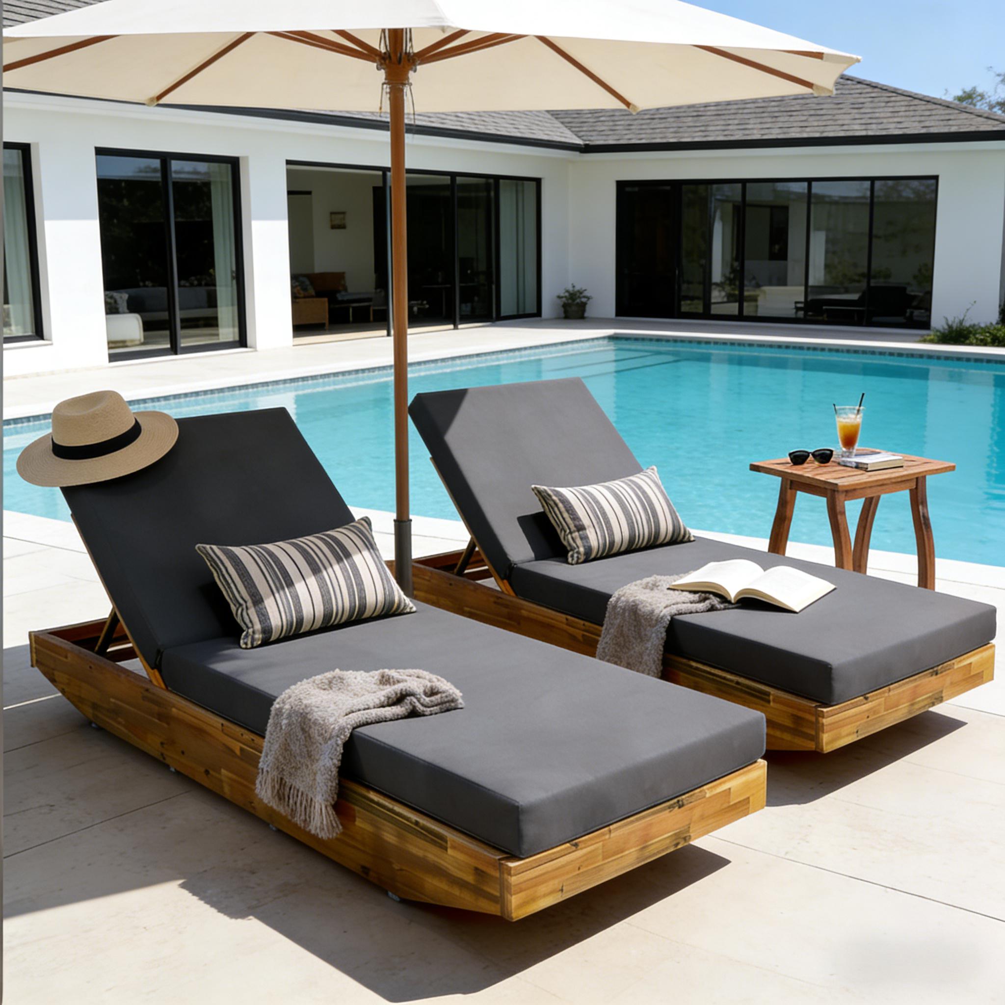 Acacia Wood Chaise Lounge with Cushion - Teak Finish Outdoor Recliner with Dark Grey Water-Repellent Cushion, 79.6" L x 29" W, 300 lbs - Image 6