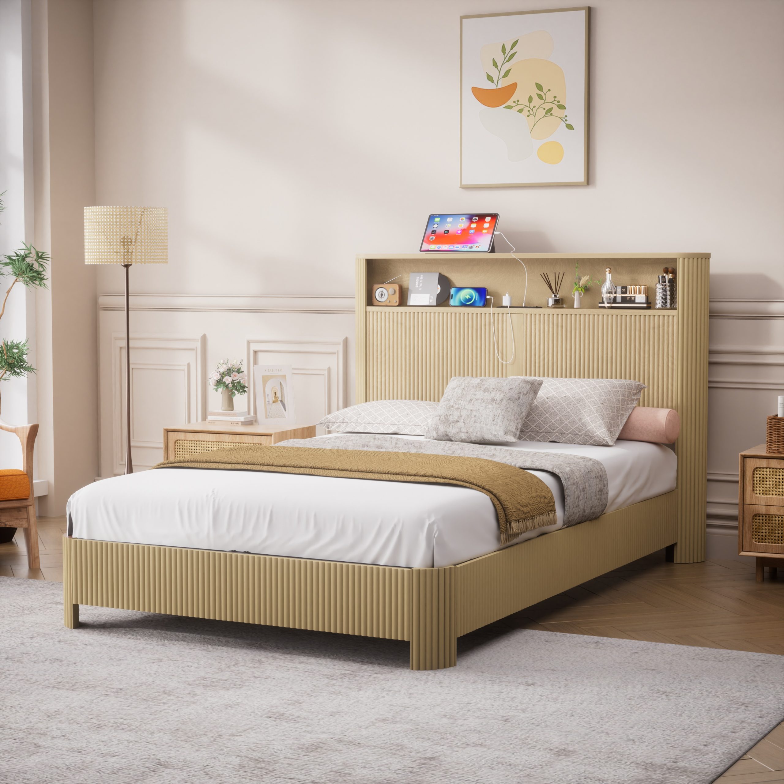 Full Extra Long(Full XL) Size bed frame with storage headboard, built-in charging station, wavy curved lines design, silent operation, metal support, Natural