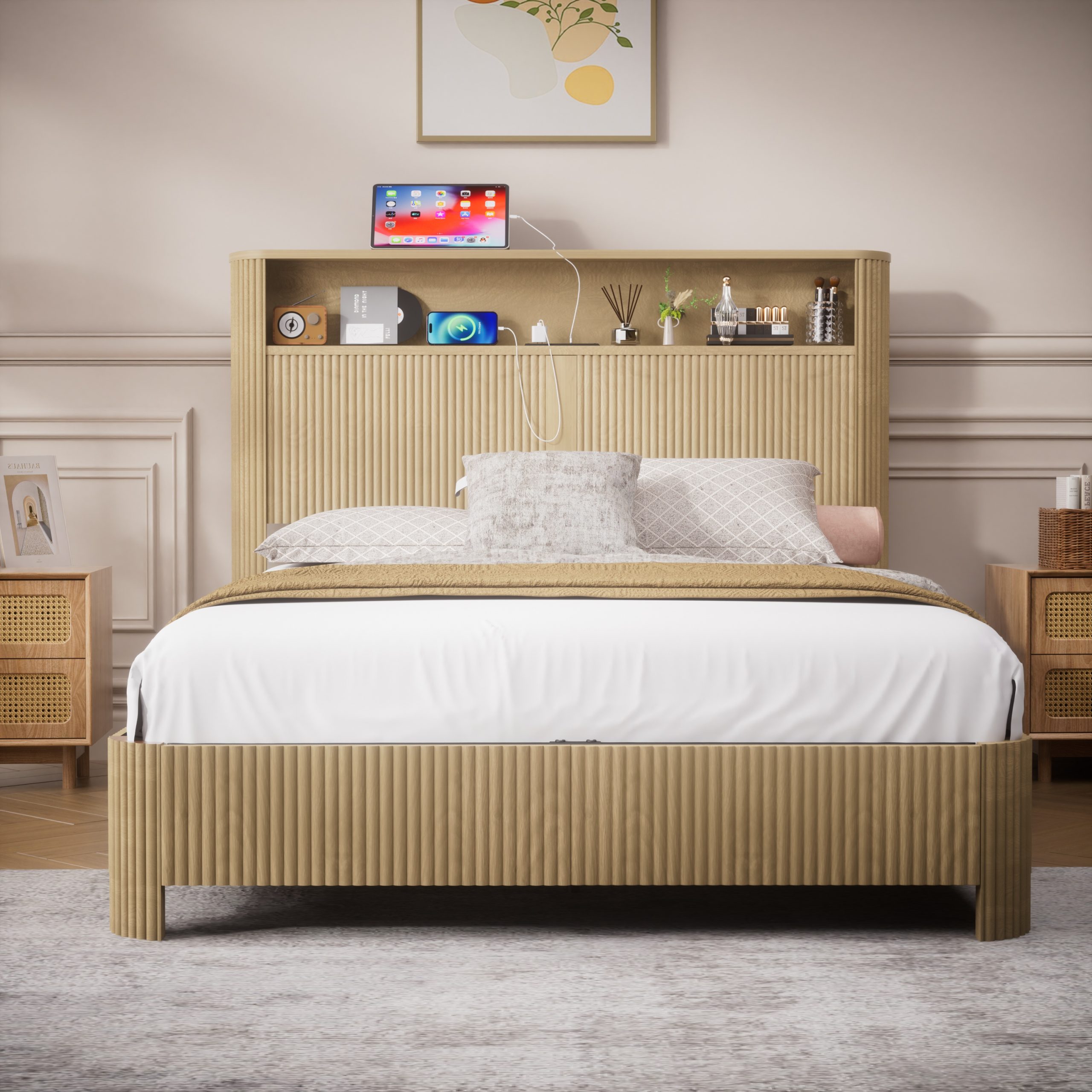 Full Extra Long(Full XL) Size bed frame with storage headboard, built-in charging station, wavy curved lines design, silent operation, metal support, Natural - Image 2