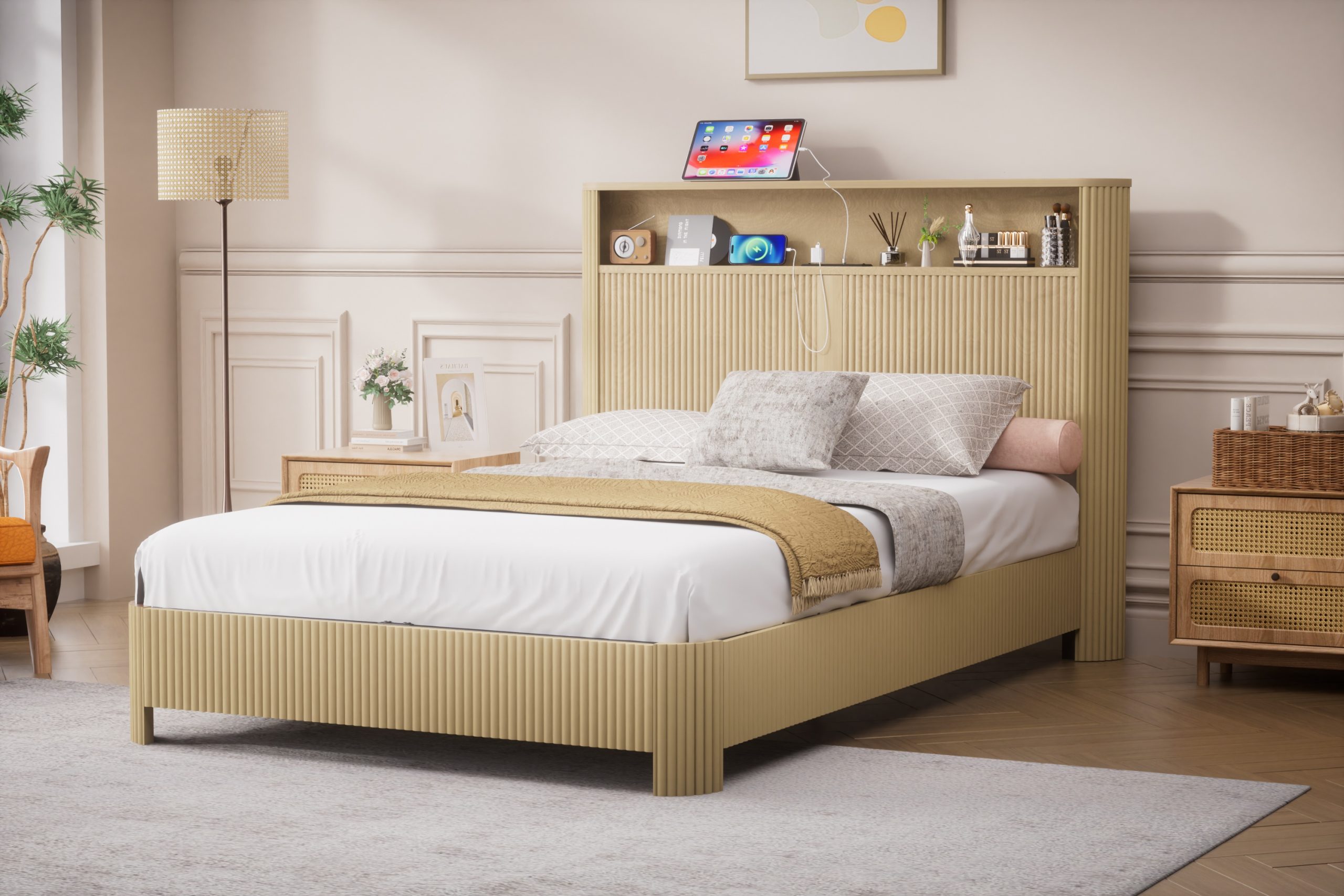 Full Extra Long(Full XL) Size bed frame with storage headboard, built-in charging station, wavy curved lines design, silent operation, metal support, Natural - Image 3