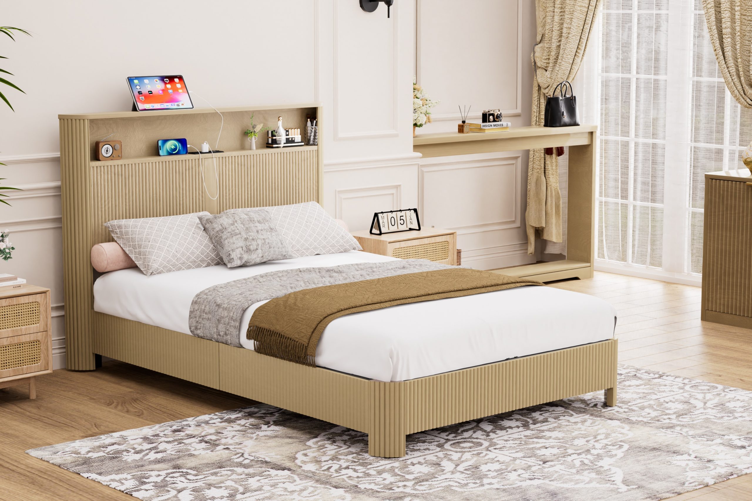 Full Extra Long(Full XL) Size bed frame with storage headboard, built-in charging station, wavy curved lines design, silent operation, metal support, Natural - Image 4