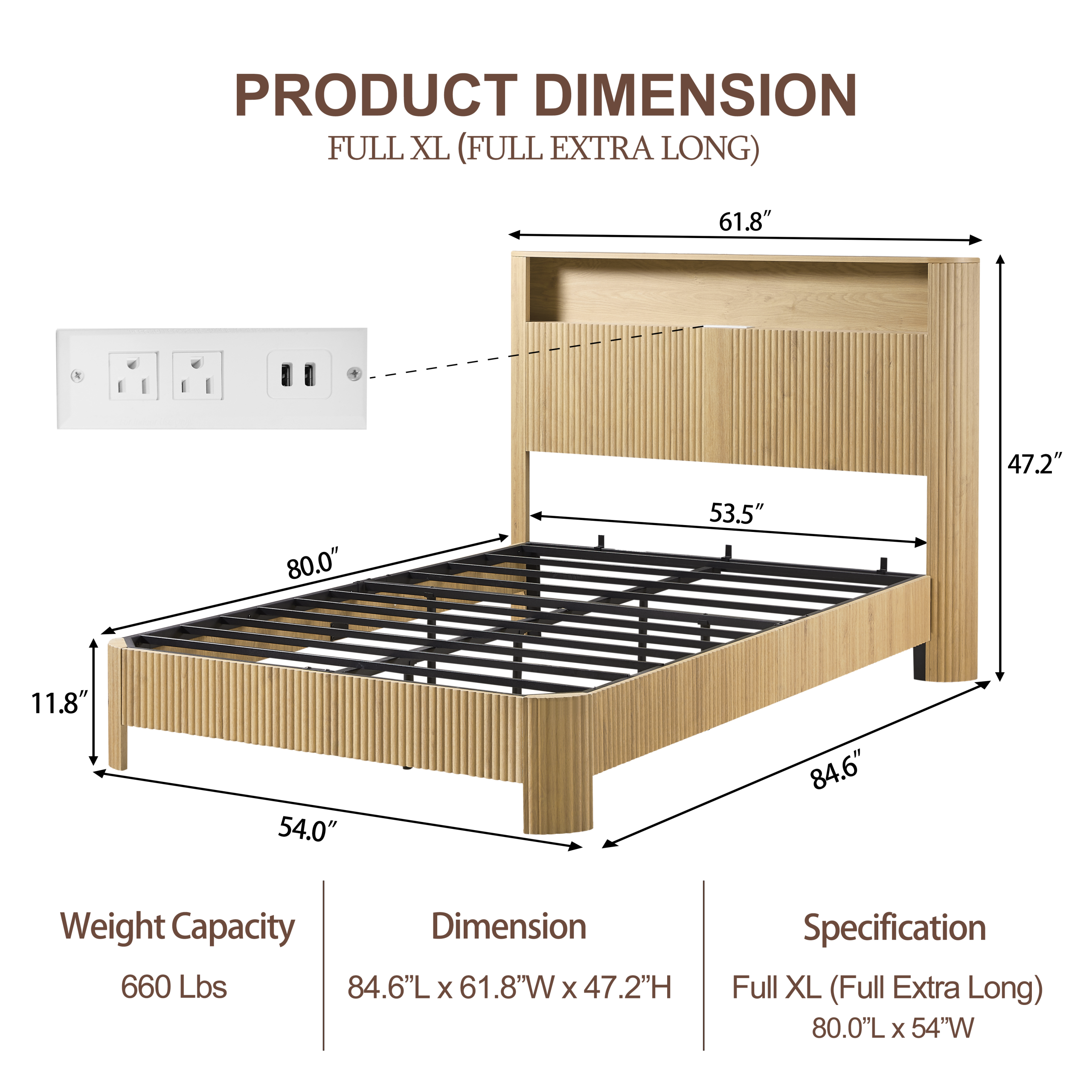 Full Extra Long(Full XL) Size bed frame with storage headboard, built-in charging station, wavy curved lines design, silent operation, metal support, Natural - Image 5