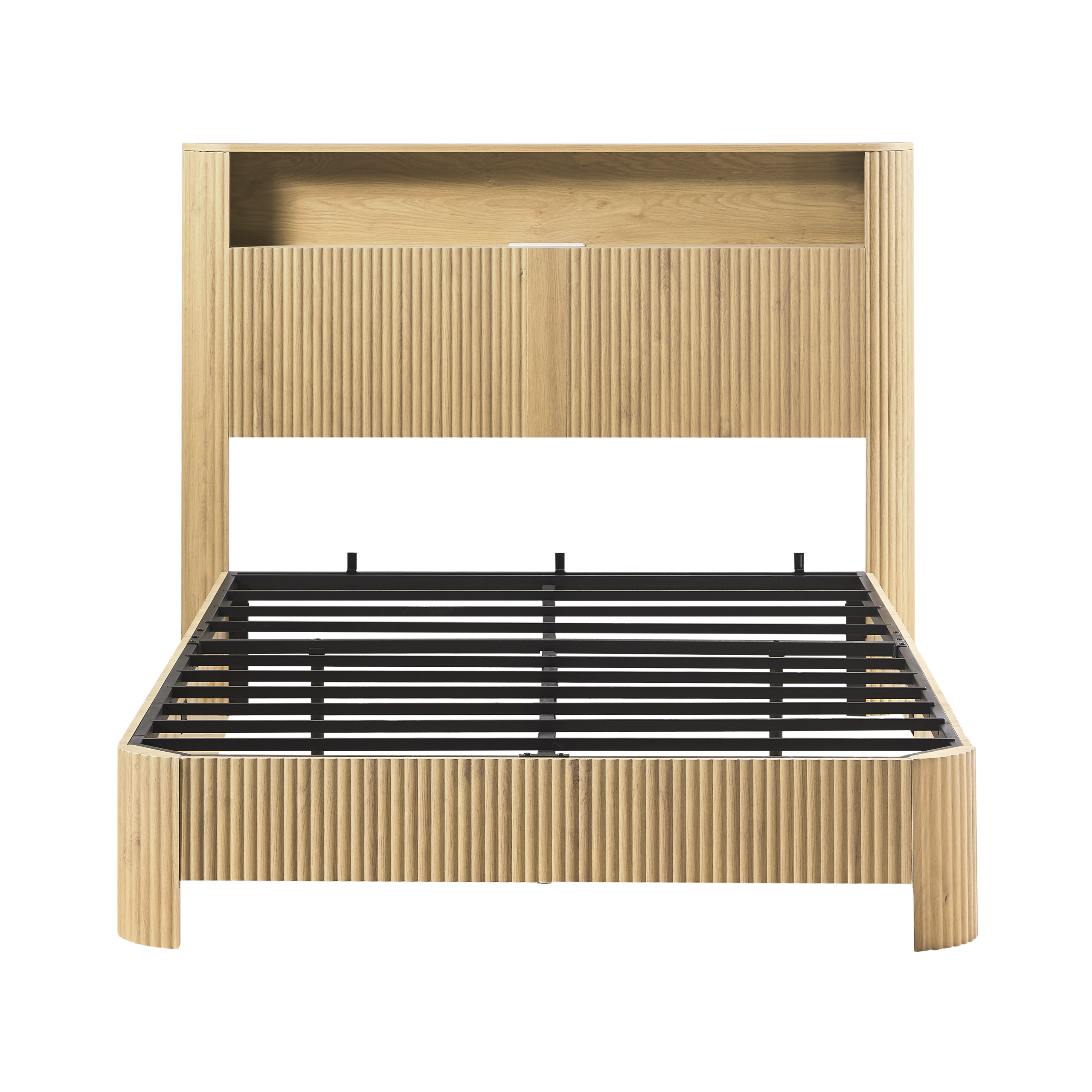 Full Extra Long(Full XL) Size bed frame with storage headboard, built-in charging station, wavy curved lines design, silent operation, metal support, Natural - Image 6