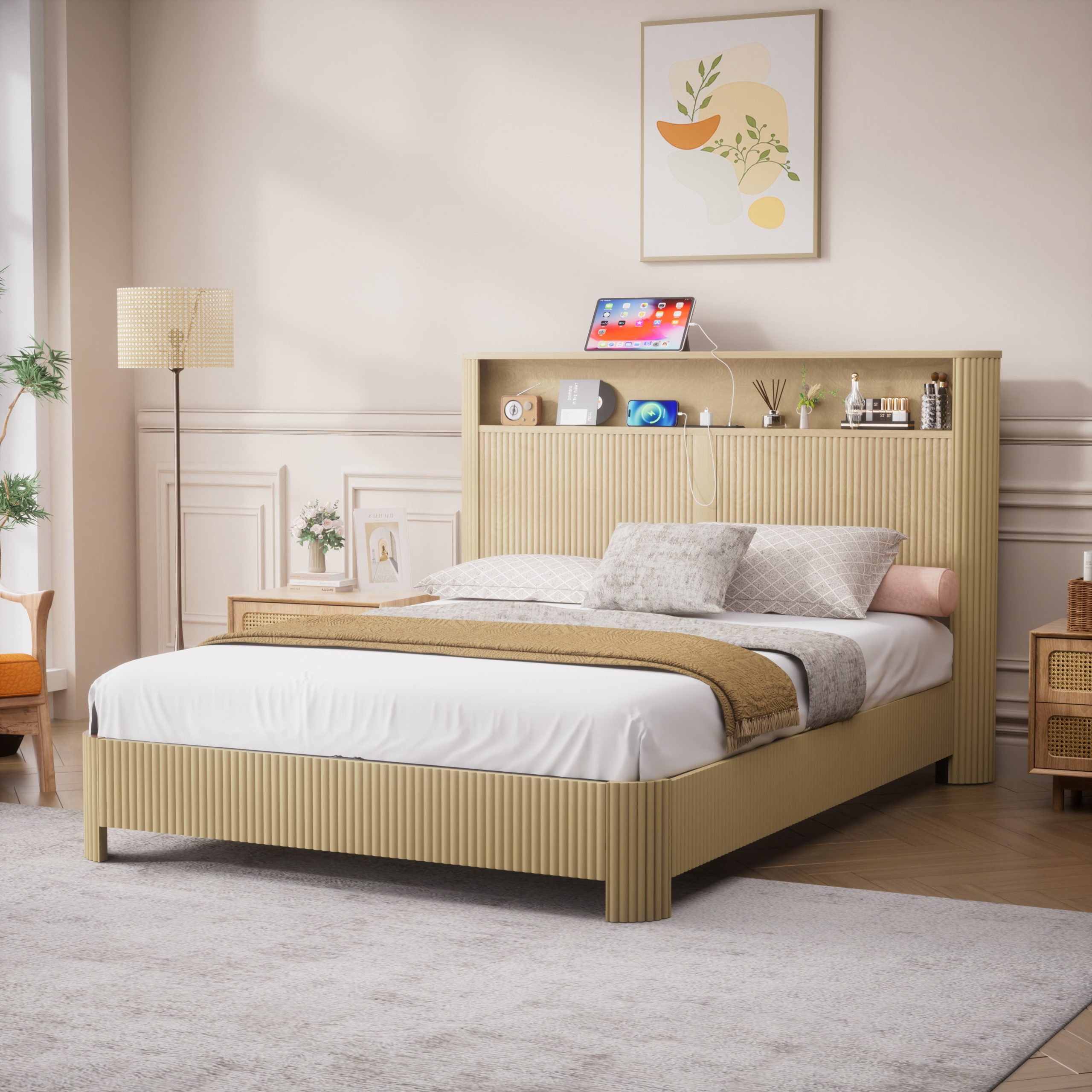 Queen Size bed frame with storage headboard, built-in charging station, wavy curved lines design, silent operation, metal support, Natural - Image 1