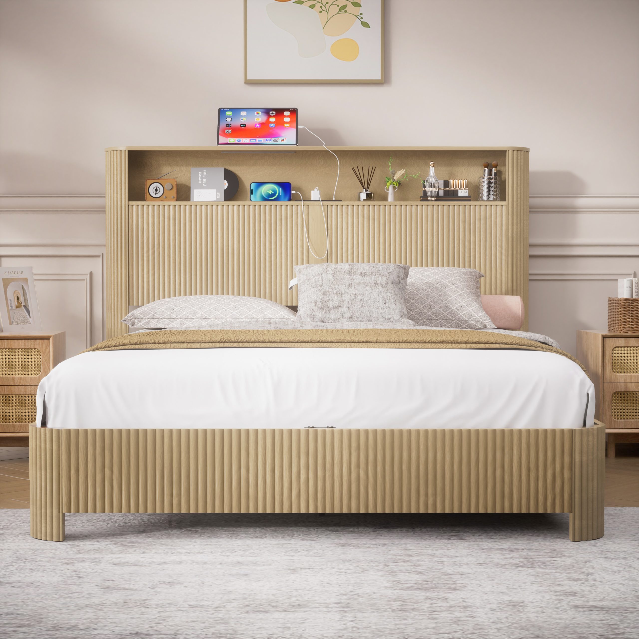 Queen Size bed frame with storage headboard, built-in charging station, wavy curved lines design, silent operation, metal support, Natural - Image 2