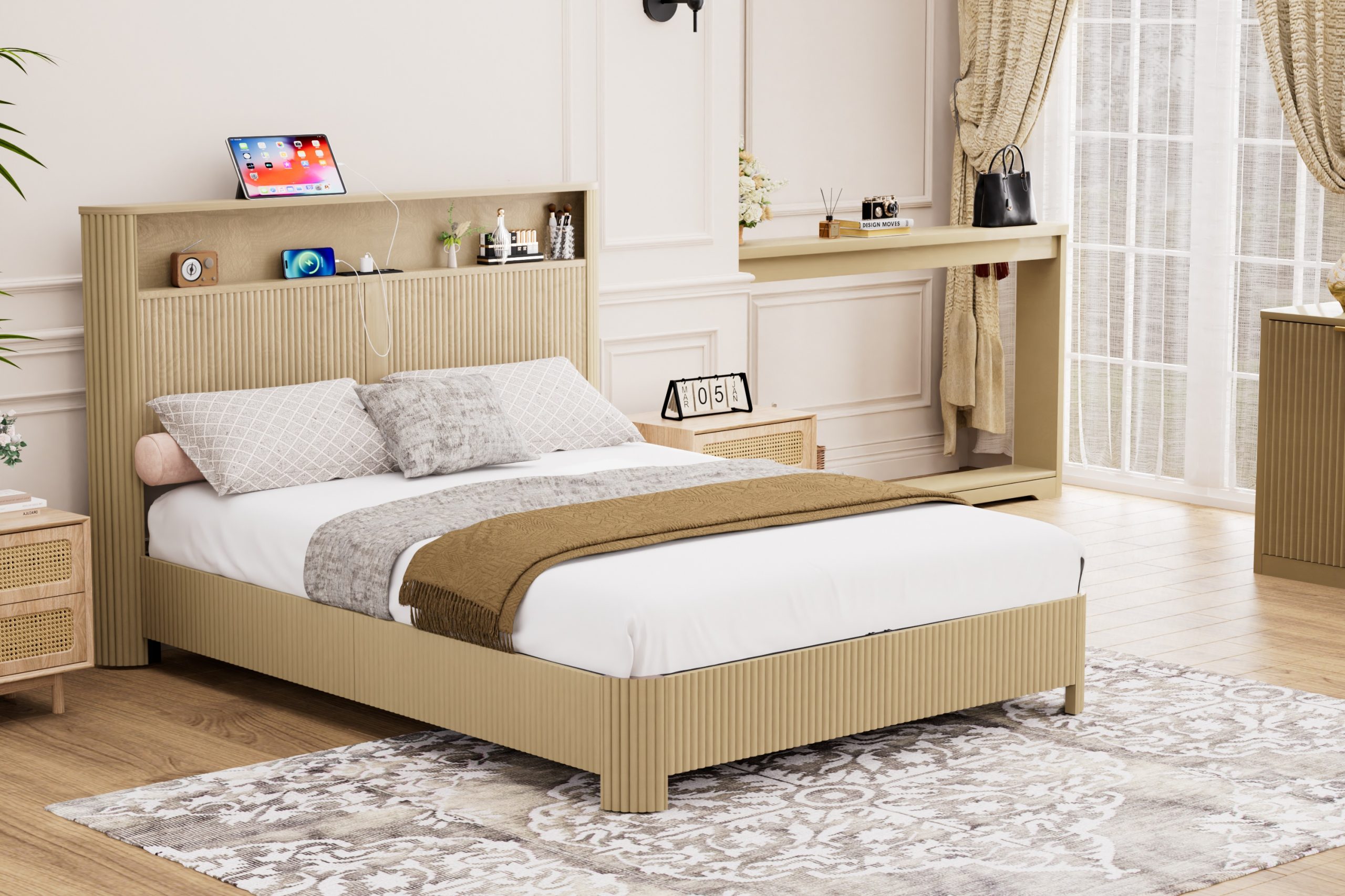 Queen Size bed frame with storage headboard, built-in charging station, wavy curved lines design, silent operation, metal support, Natural - Image 3