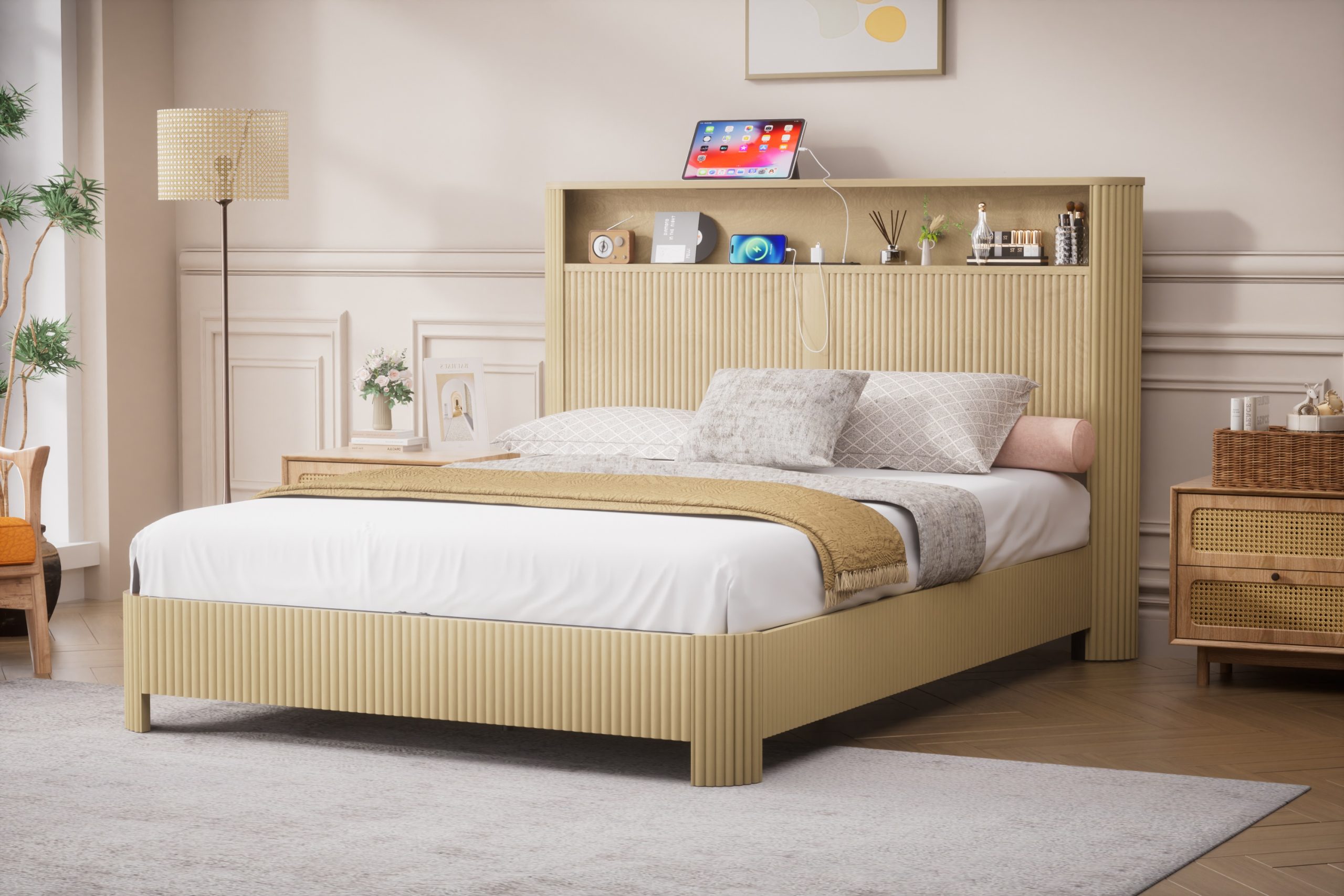 Queen Size bed frame with storage headboard, built-in charging station, wavy curved lines design, silent operation, metal support, Natural - Image 4
