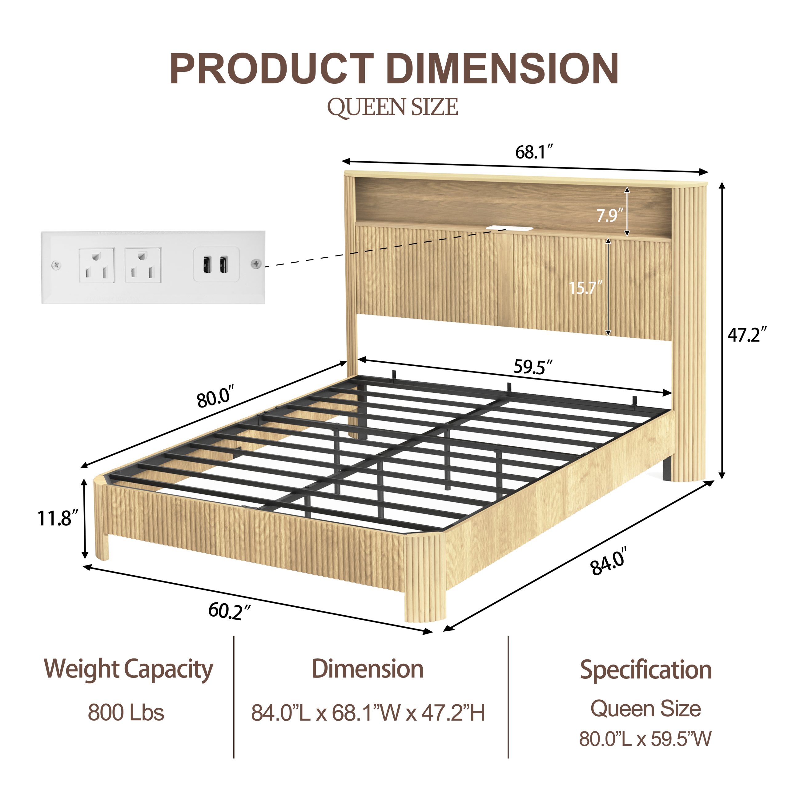 Queen Size bed frame with storage headboard, built-in charging station, wavy curved lines design, silent operation, metal support, Natural - Image 5