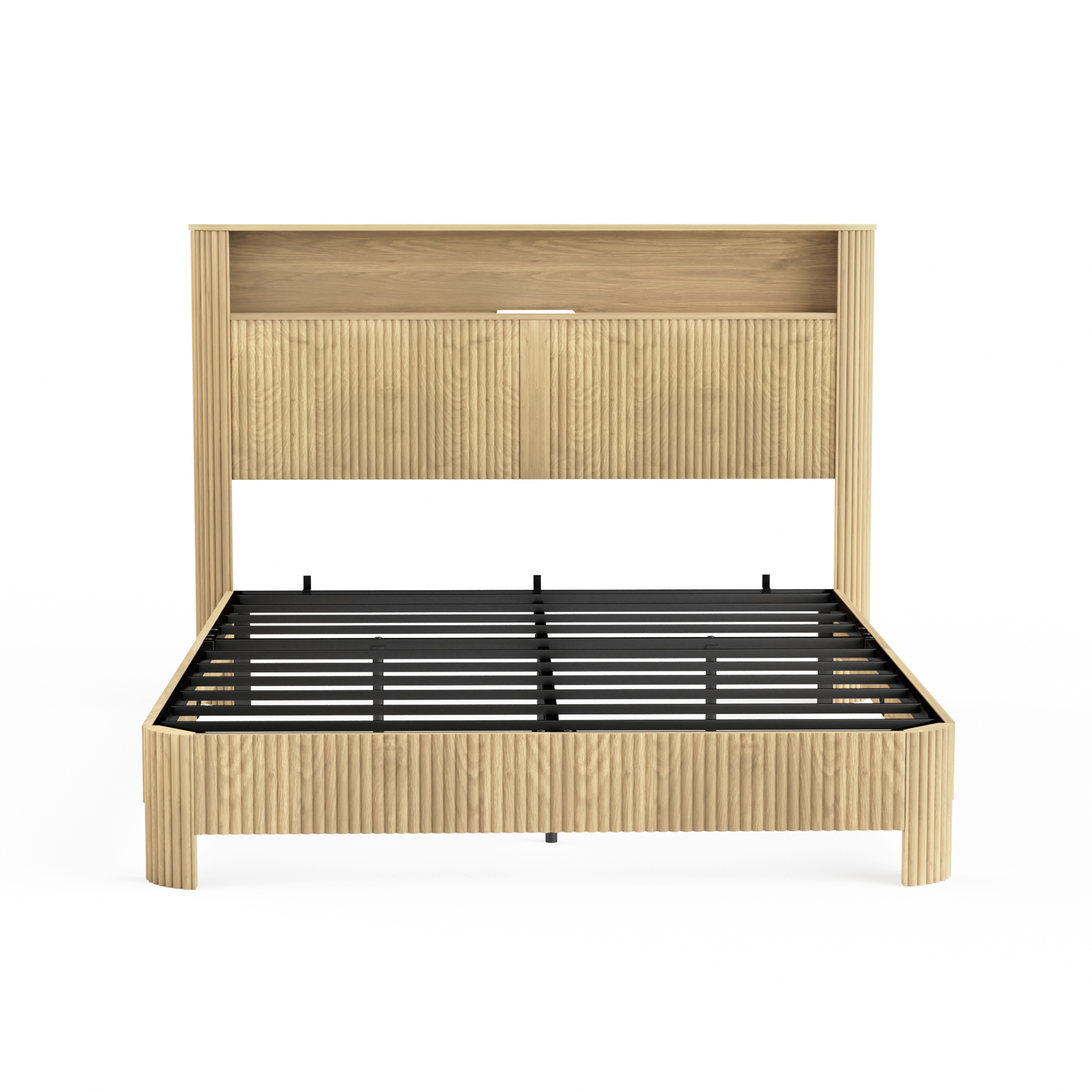 Queen Size bed frame with storage headboard, built-in charging station, wavy curved lines design, silent operation, metal support, Natural - Image 6
