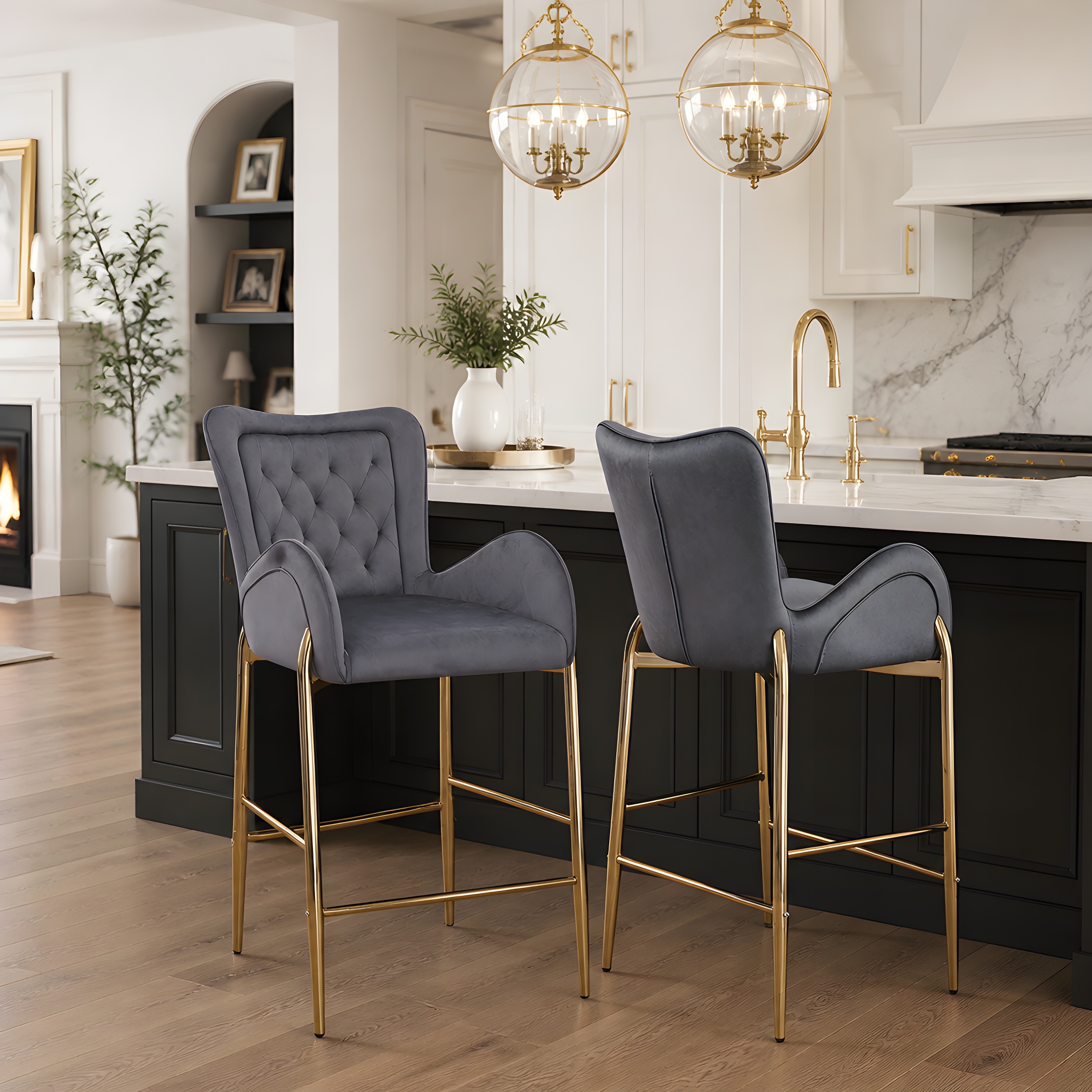 28.75inch Counter Height Bar Stools Set of 2, Bar Height Arm Chairs, Velvet Fabric Stools with Golden Legs and Footrests,Gray - Image 3