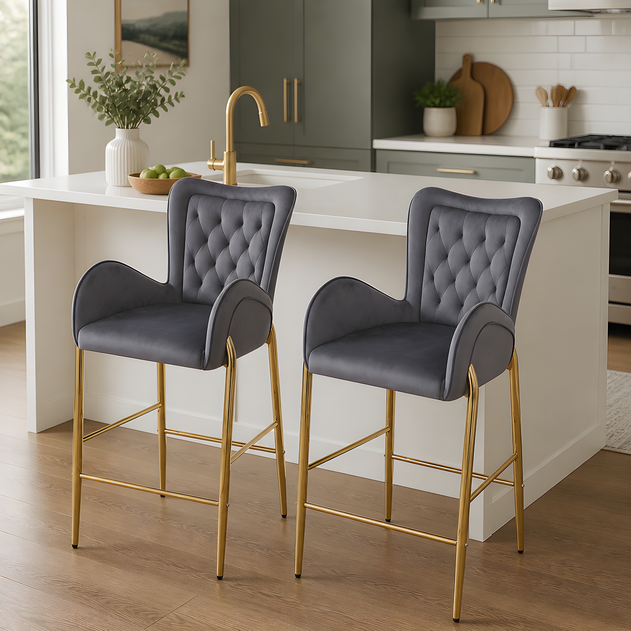28.75inch Counter Height Bar Stools Set of 2, Bar Height Arm Chairs, Velvet Fabric Stools with Golden Legs and Footrests,Gray - Image 4