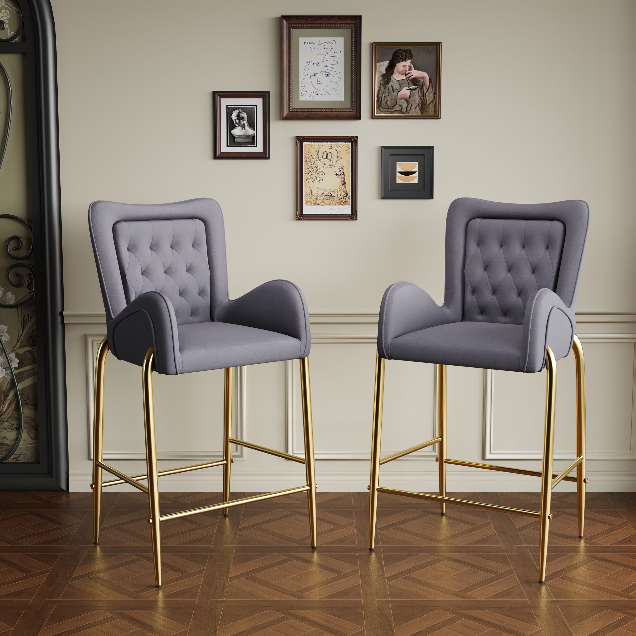 28.75inch Counter Height Bar Stools Set of 2, Bar Height Arm Chairs, Velvet Fabric Stools with Golden Legs and Footrests,Gray - Image 5