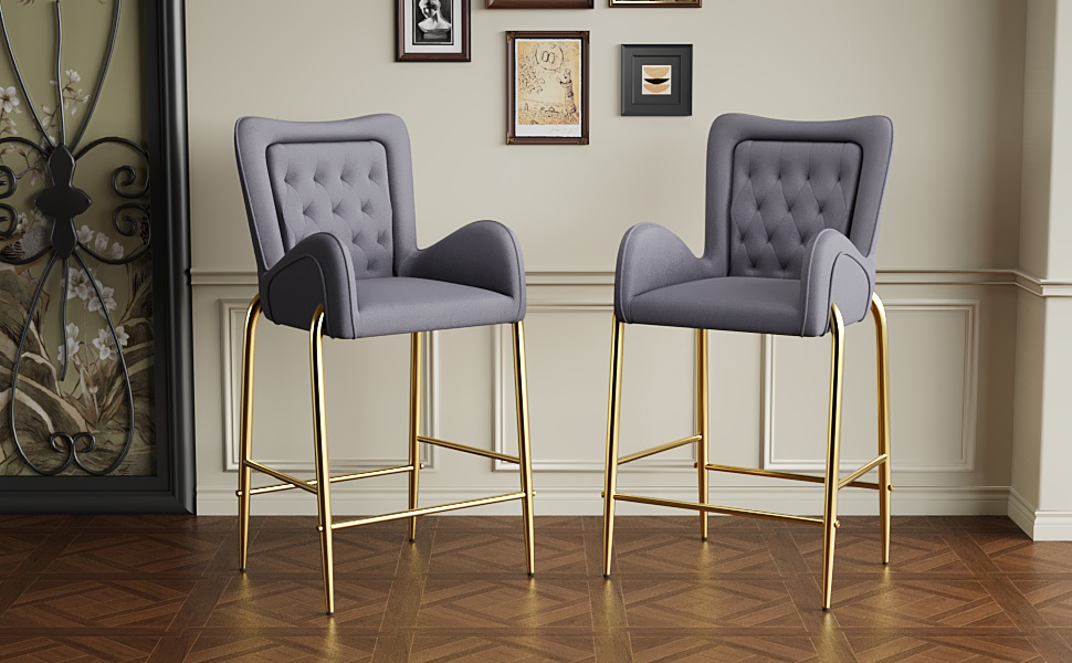 28.75inch Counter Height Bar Stools Set of 2, Bar Height Arm Chairs, Velvet Fabric Stools with Golden Legs and Footrests,Gray - Image 6