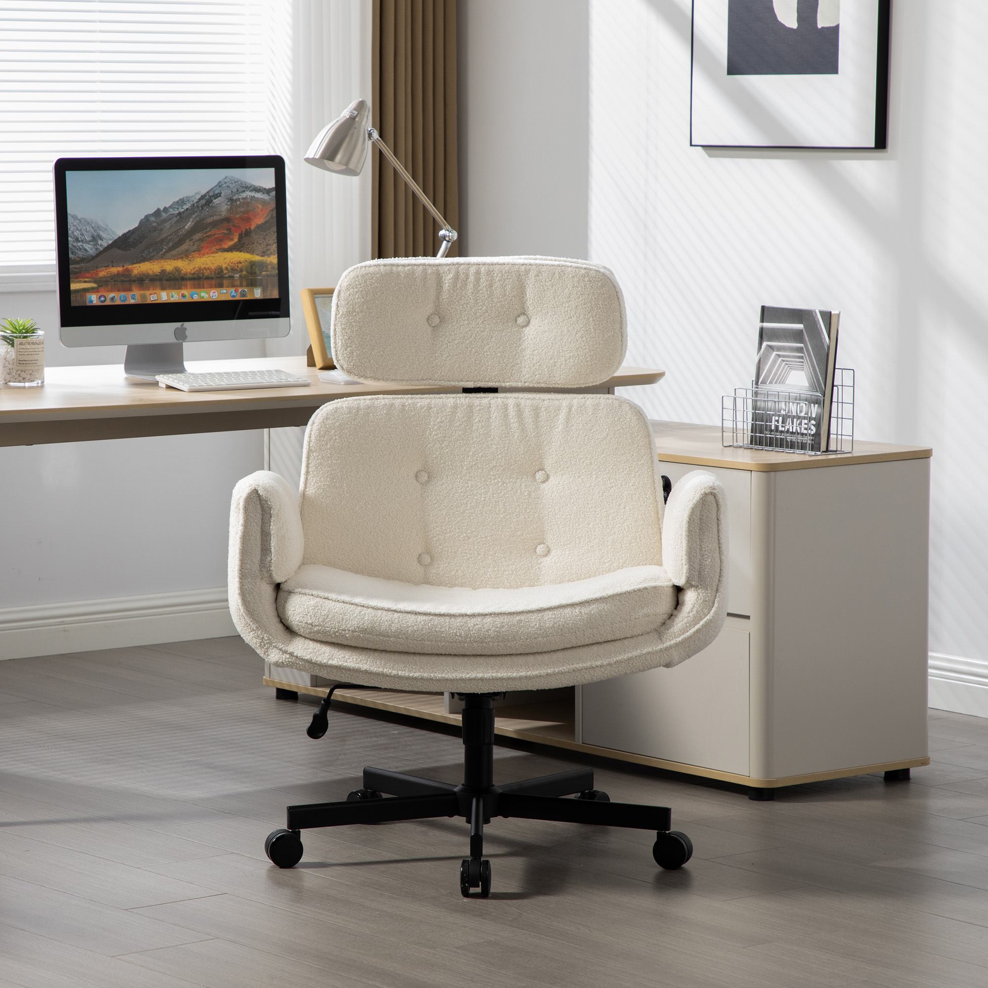 Criss Cross Chair with Adjustable Armrests & Wheels & Headrest, Lounge Vanity Desk Chair with Wide Seat for Cross-Legged Sitting, Swivel Task Office Chairs for Home, Makeup, Gaming, Office, Ivory - Image 3