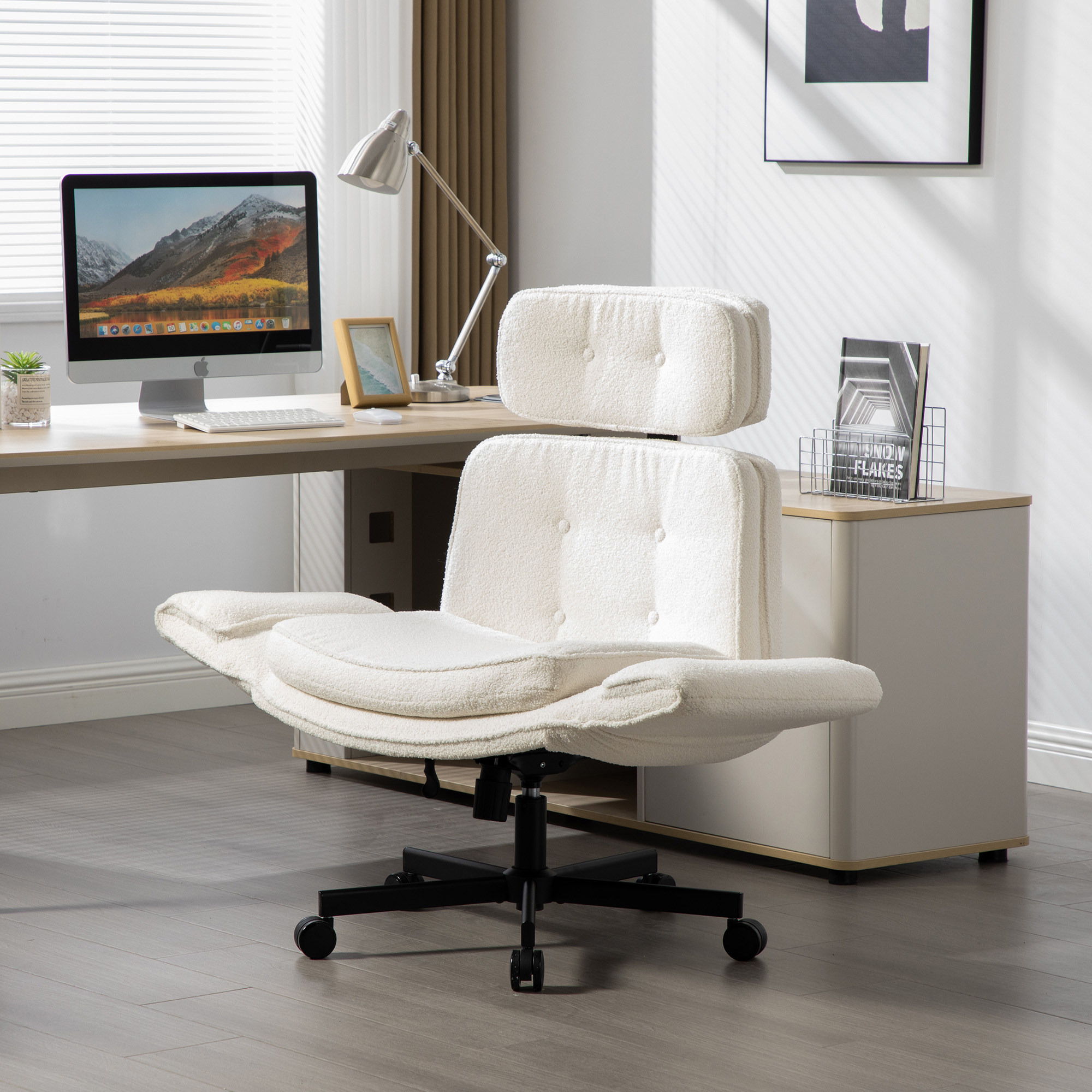 Criss Cross Chair with Adjustable Armrests & Wheels & Headrest, Lounge Vanity Desk Chair with Wide Seat for Cross-Legged Sitting, Swivel Task Office Chairs for Home, Makeup, Gaming, Office, Ivory - Image 4