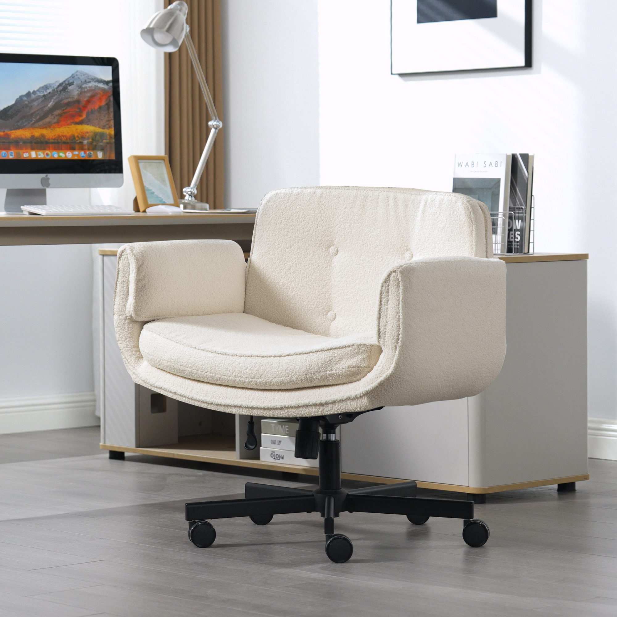 Criss Cross Chair with Adjustable Armrests & Wheels & Headrest, Lounge Vanity Desk Chair with Wide Seat for Cross-Legged Sitting, Swivel Task Office Chairs for Home, Makeup, Gaming, Office, Ivory - Image 5