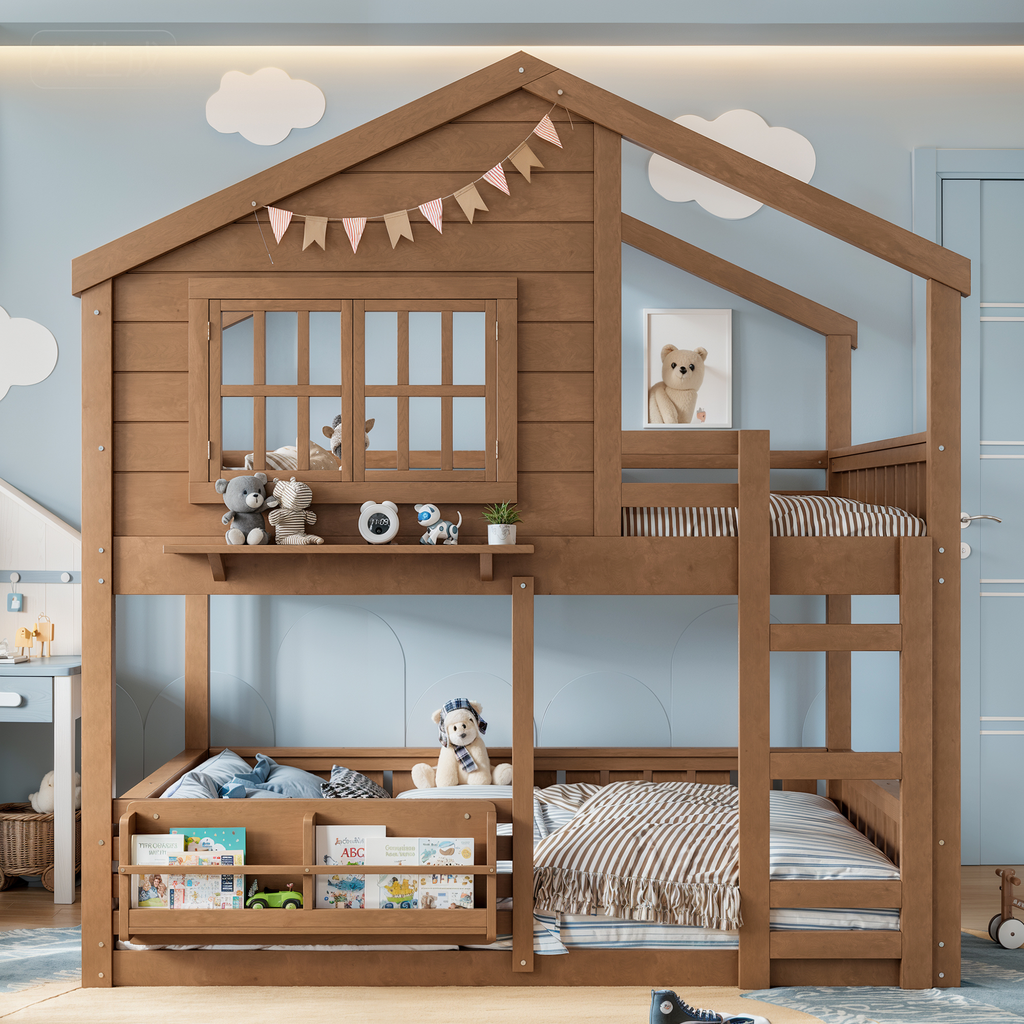 Full Size Bunk Bed/Loft Bed with Bookshelf, House Design, High-Quality Safety Fencing, Natural - Image 1