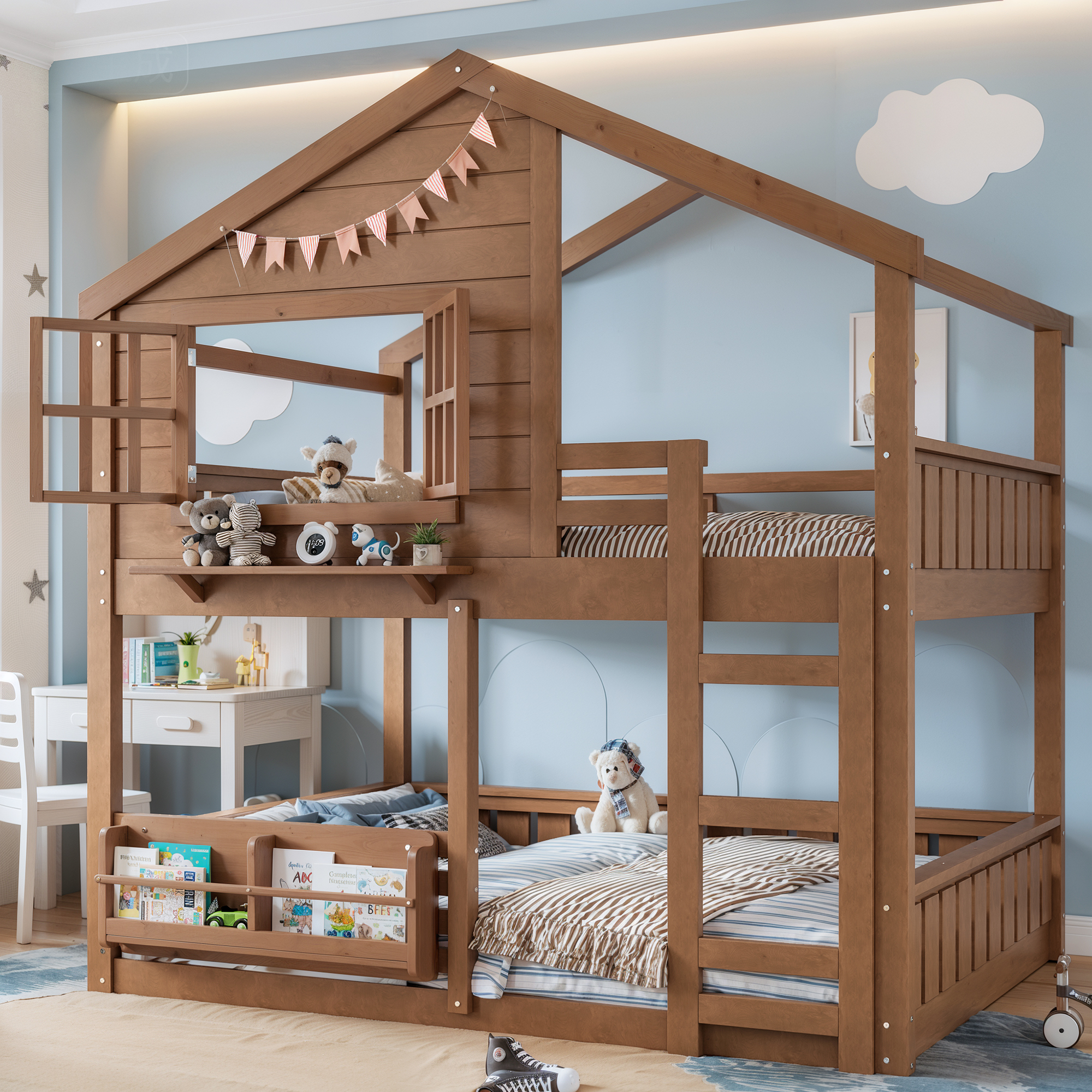 Full Size Bunk Bed/Loft Bed with Bookshelf, House Design, High-Quality Safety Fencing, Natural - Image 2