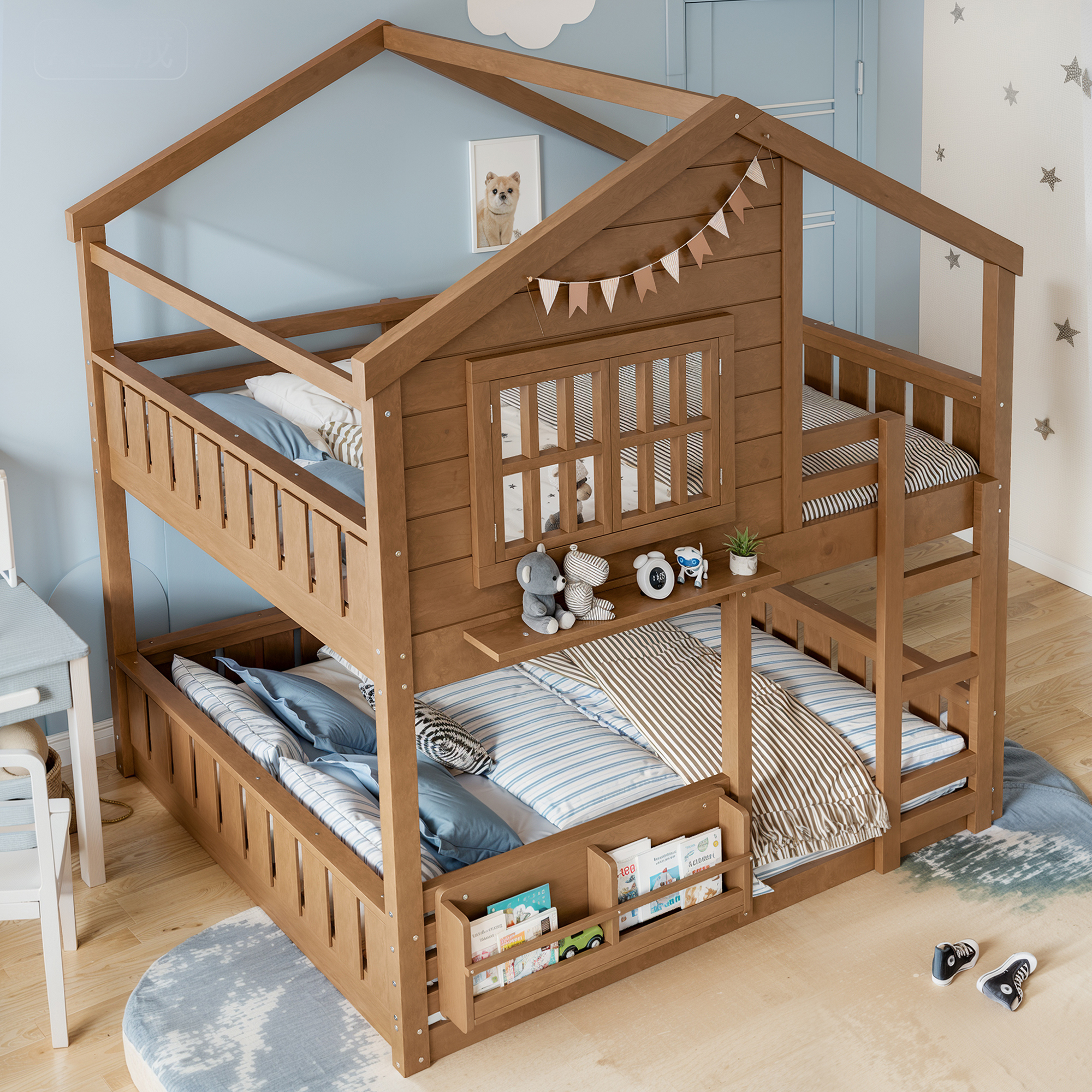 Full Size Bunk Bed/Loft Bed with Bookshelf, House Design, High-Quality Safety Fencing, Natural - Image 3