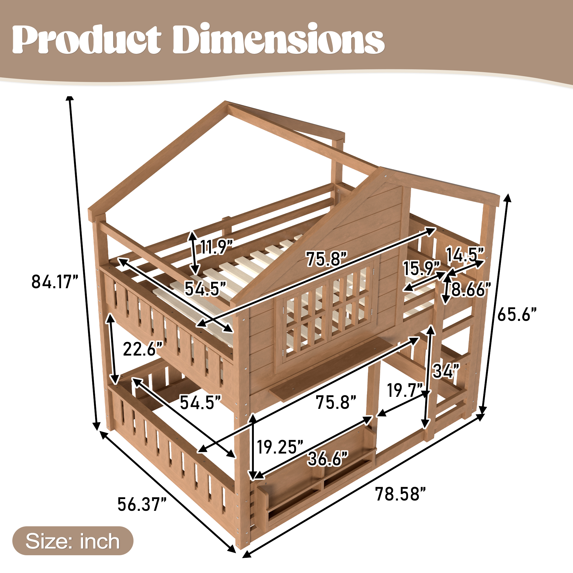 Full Size Bunk Bed/Loft Bed with Bookshelf, House Design, High-Quality Safety Fencing, Natural - Image 4