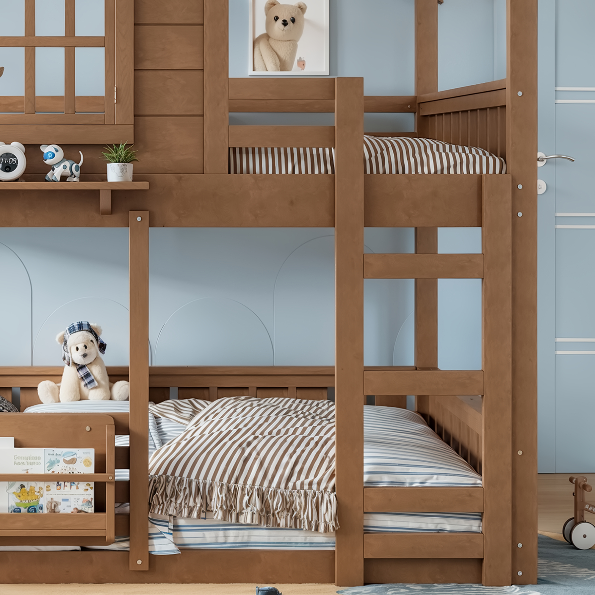 Full Size Bunk Bed/Loft Bed with Bookshelf, House Design, High-Quality Safety Fencing, Natural - Image 5