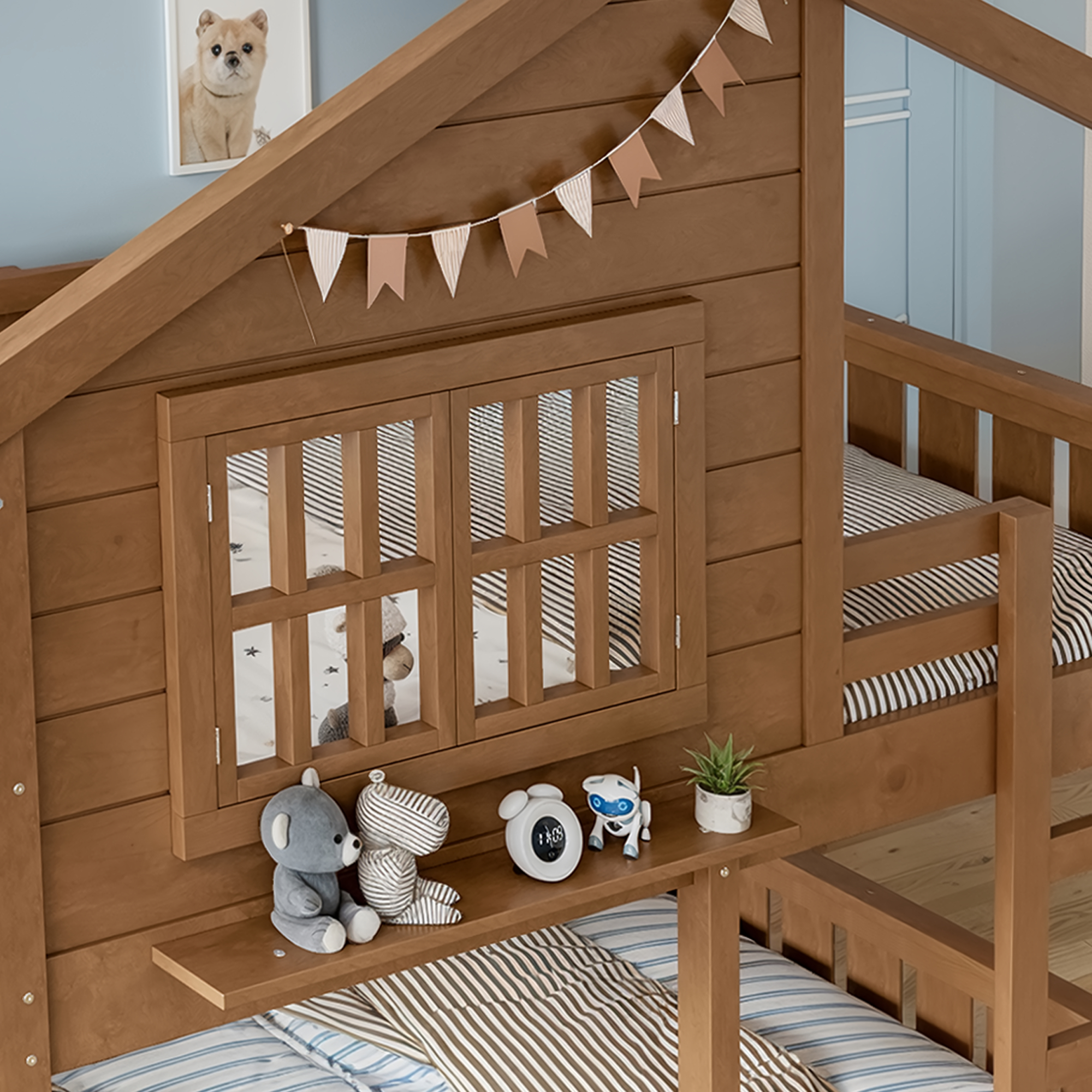 Full Size Bunk Bed/Loft Bed with Bookshelf, House Design, High-Quality Safety Fencing, Natural - Image 6