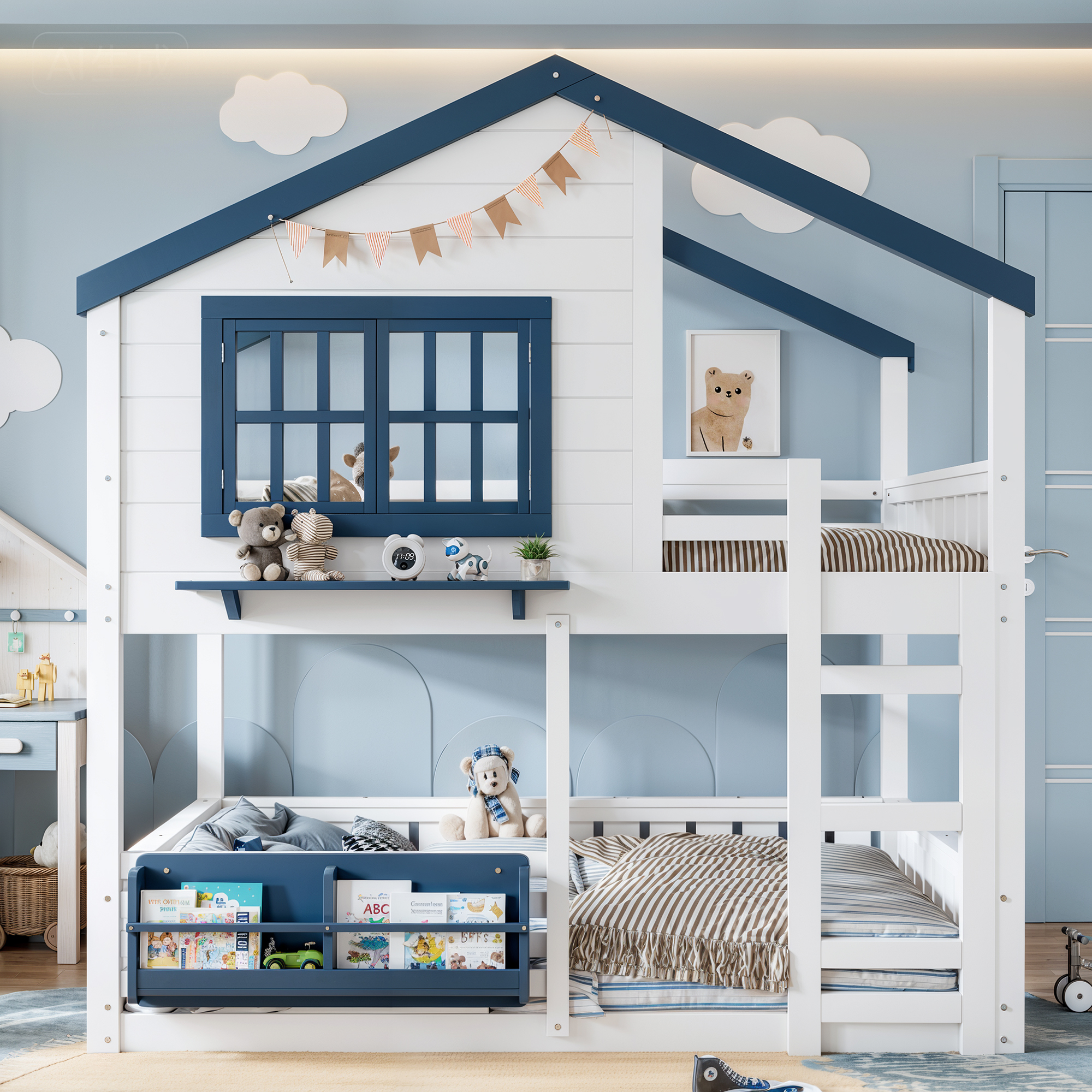 Full Size Bunk Bed/Loft Bed with Bookshelf, House Design, High-Quality Safety Fencing,White & Blue