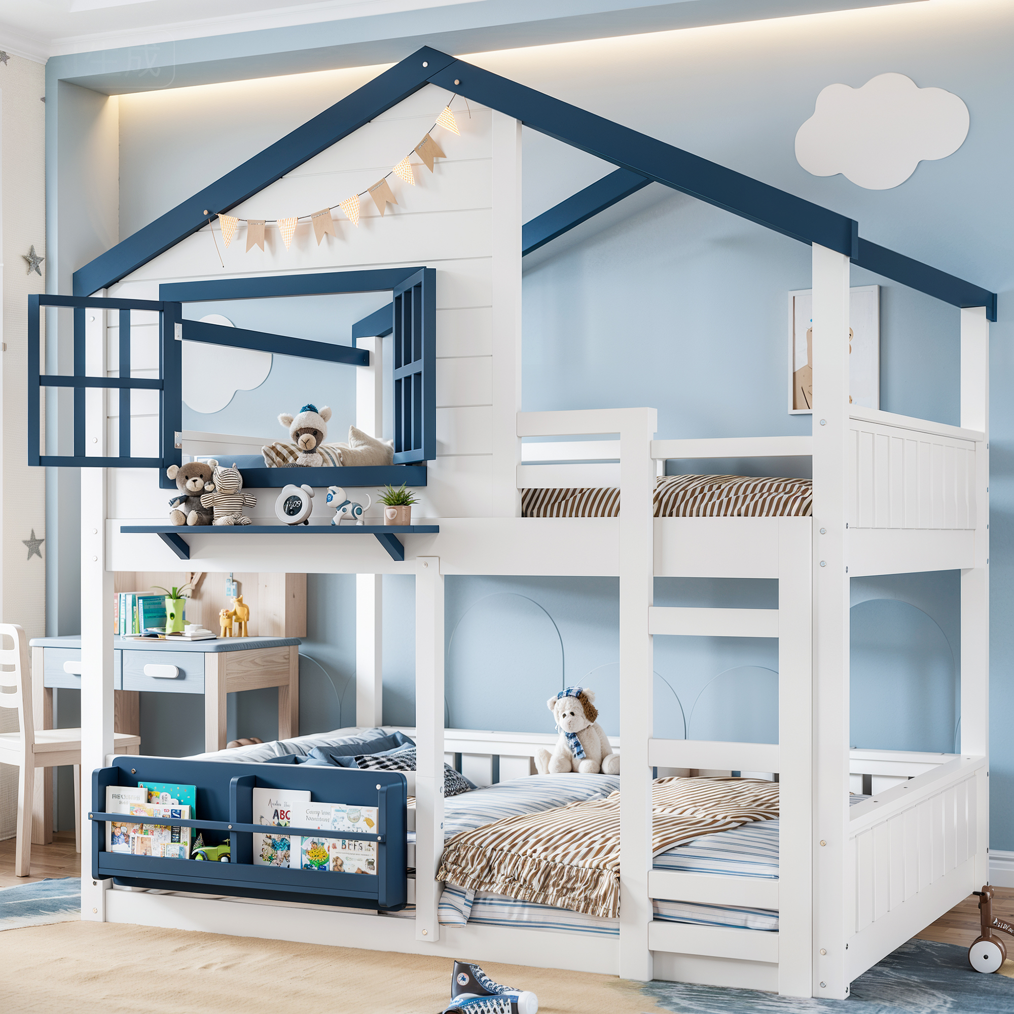 Full Size Bunk Bed/Loft Bed with Bookshelf, House Design, High-Quality Safety Fencing,White & Blue - Image 2