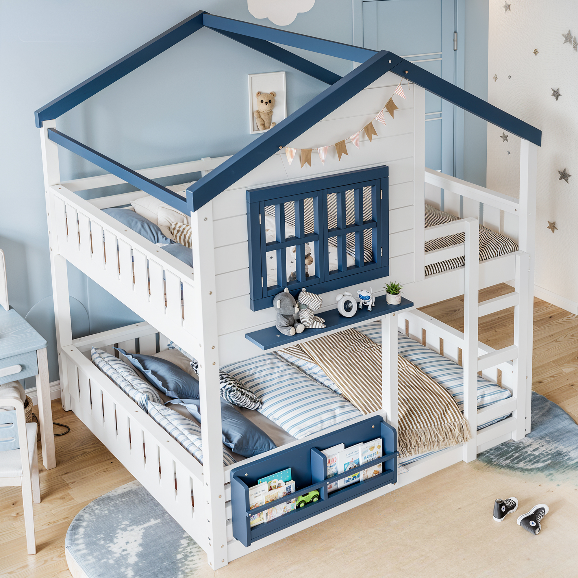Full Size Bunk Bed/Loft Bed with Bookshelf, House Design, High-Quality Safety Fencing,White & Blue - Image 3