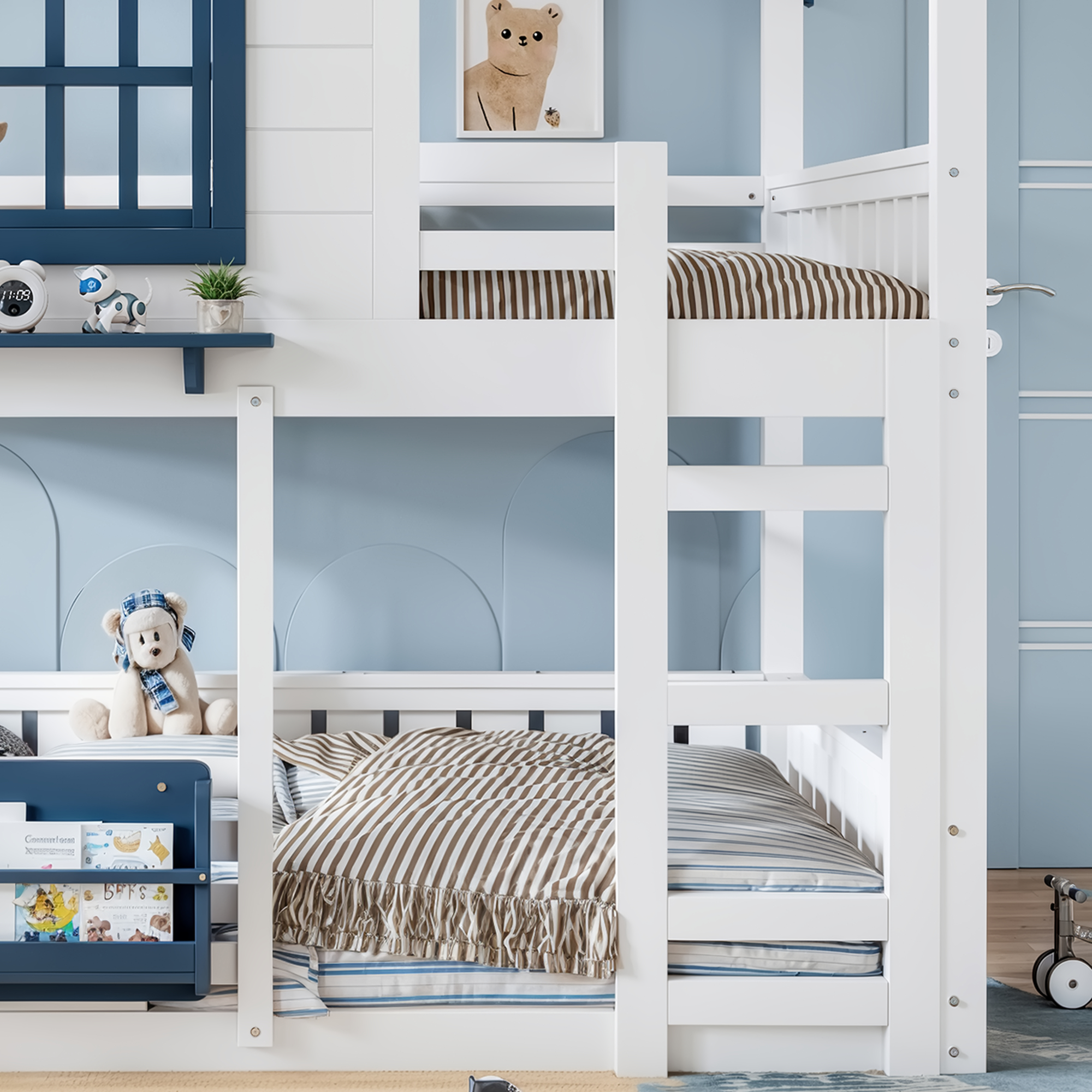 Full Size Bunk Bed/Loft Bed with Bookshelf, House Design, High-Quality Safety Fencing,White & Blue - Image 5