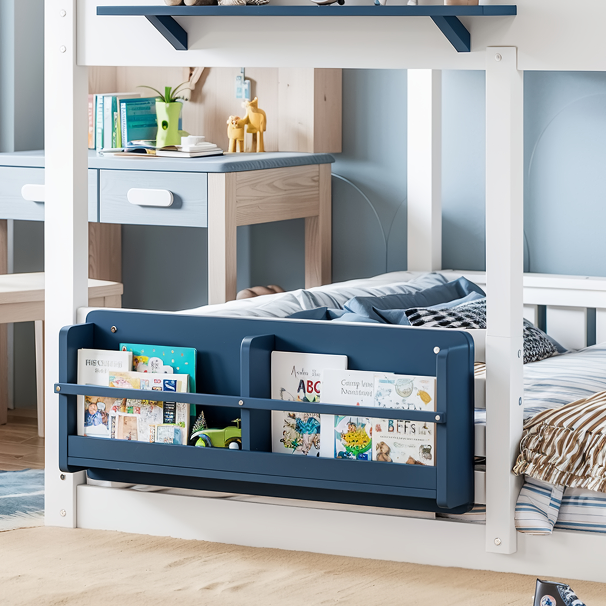 Full Size Bunk Bed/Loft Bed with Bookshelf, House Design, High-Quality Safety Fencing,White & Blue - Image 6