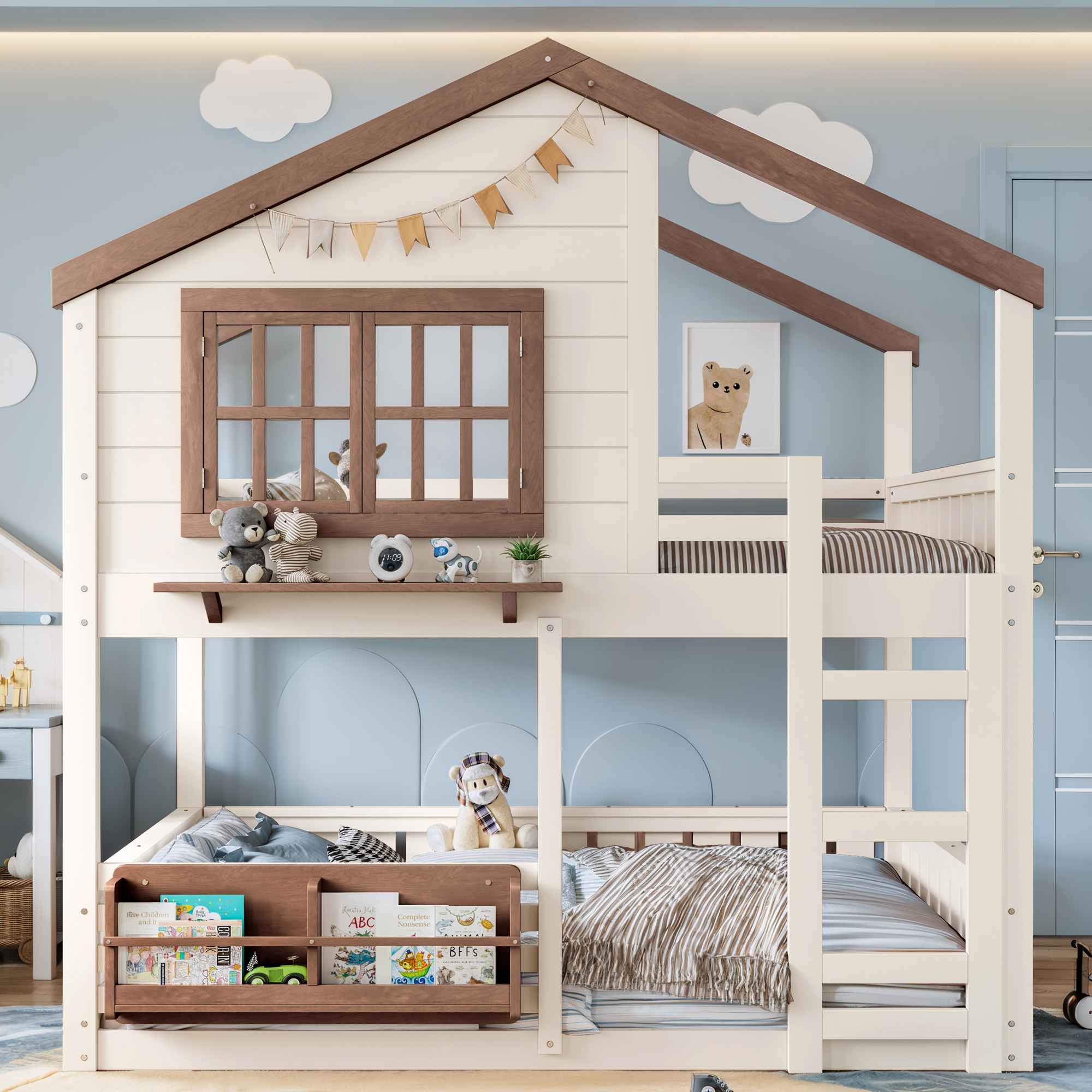 Full Size Bunk Bed/Loft Bed with Bookshelf, House Design, High-Quality Safety Fencing,Beige & Natural