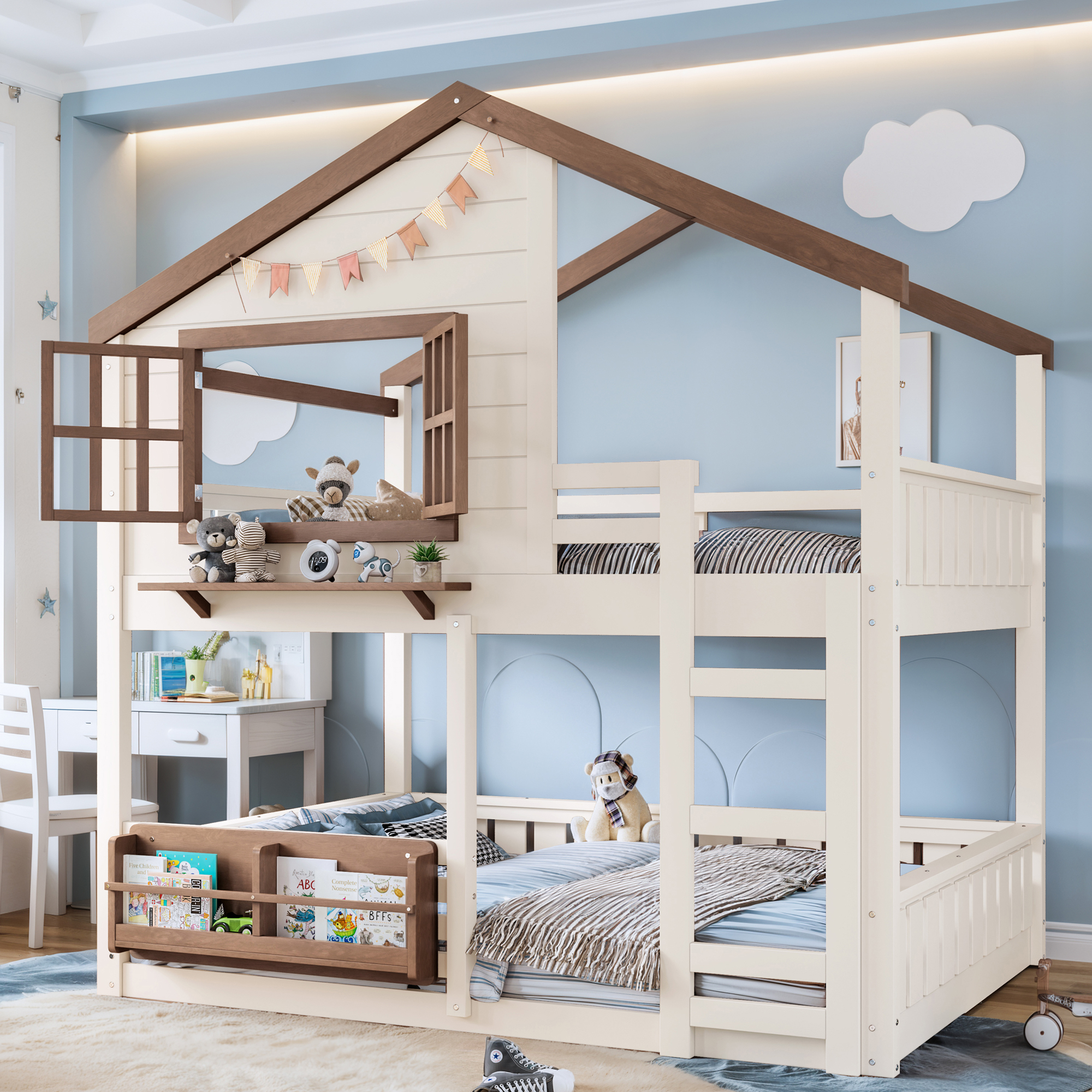 Full Size Bunk Bed/Loft Bed with Bookshelf, House Design, High-Quality Safety Fencing,Beige & Natural - Image 2