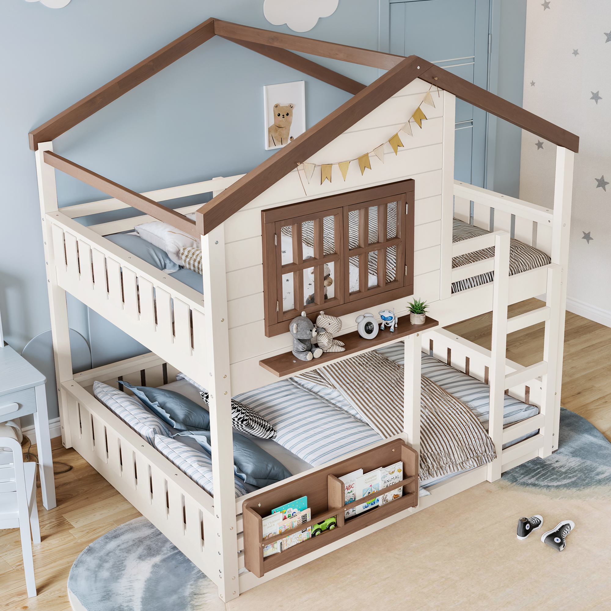 Full Size Bunk Bed/Loft Bed with Bookshelf, House Design, High-Quality Safety Fencing,Beige & Natural - Image 3