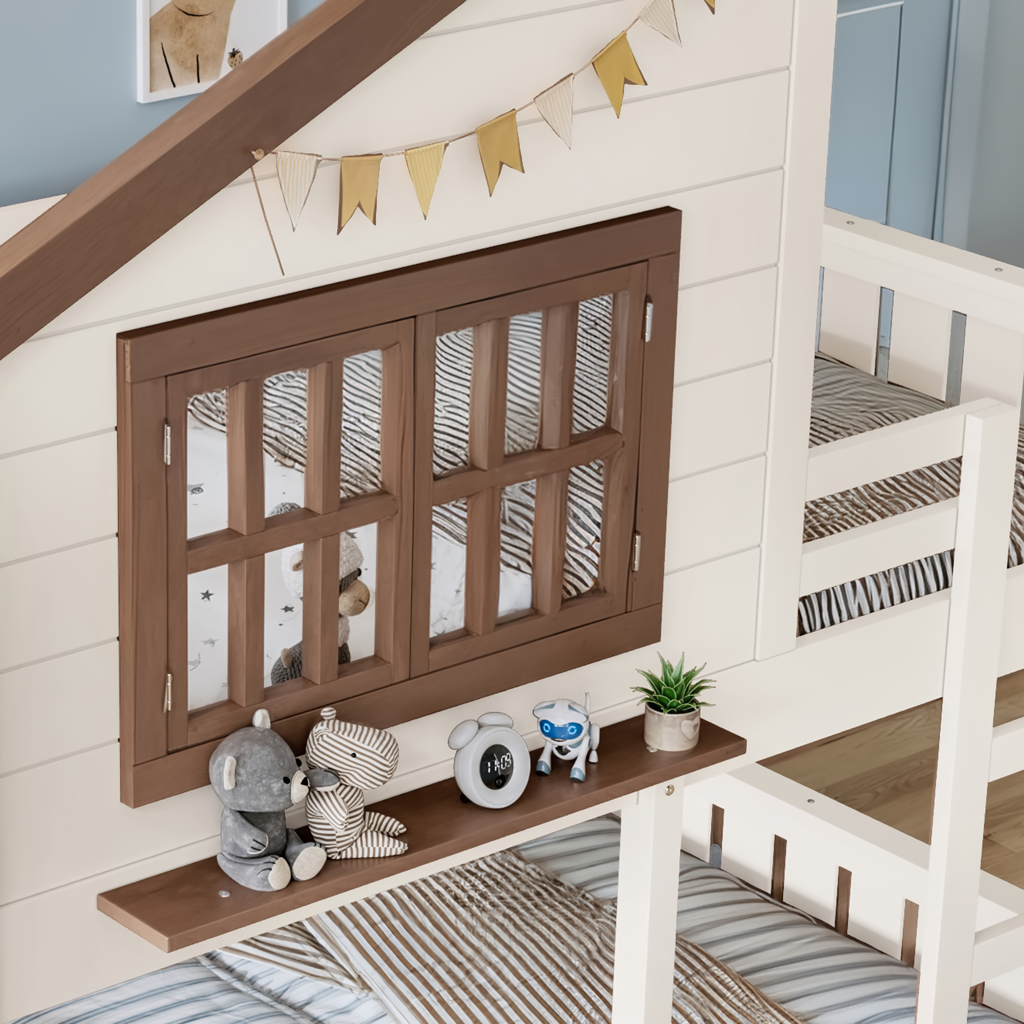 Full Size Bunk Bed/Loft Bed with Bookshelf, House Design, High-Quality Safety Fencing,Beige & Natural - Image 6