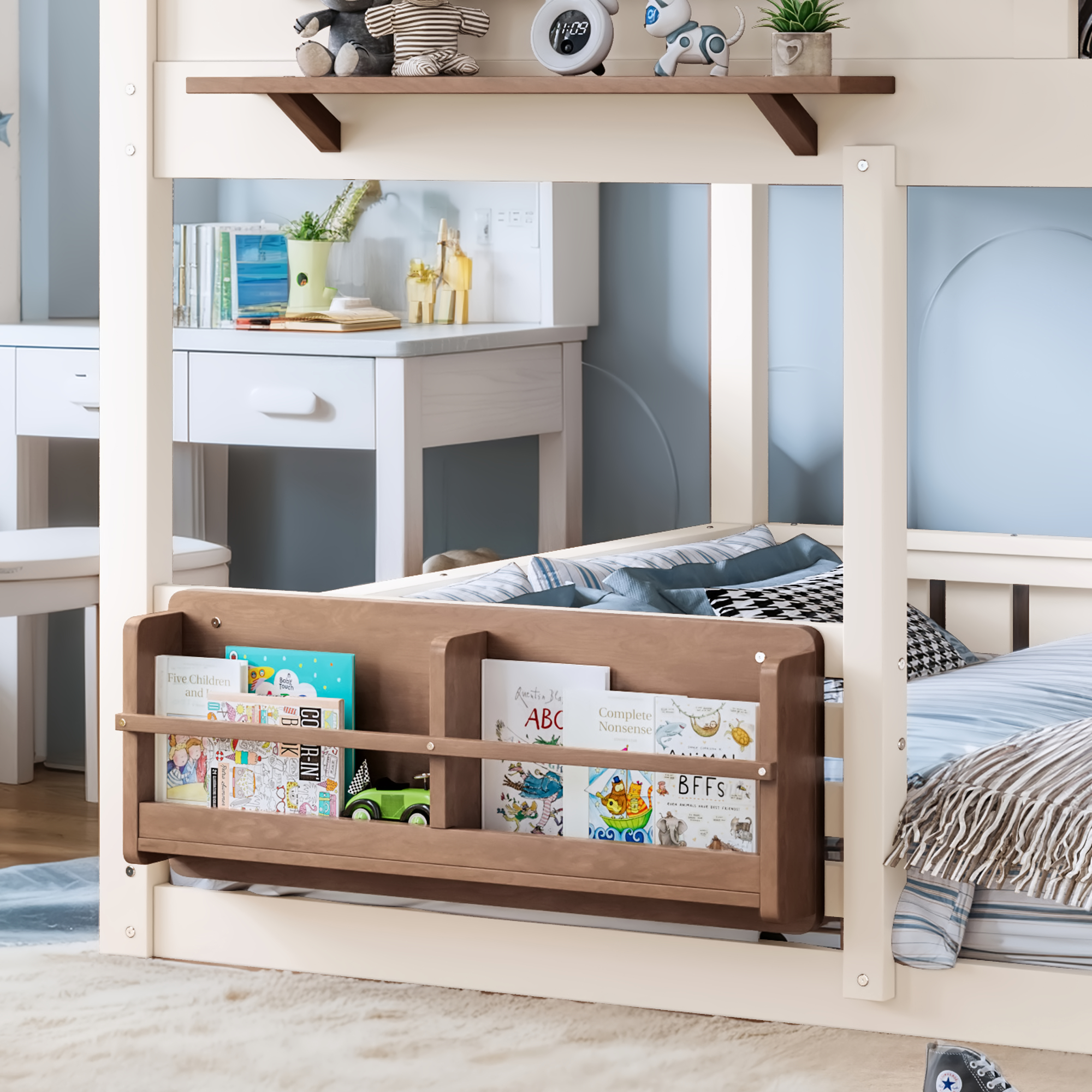 Full Size Bunk Bed/Loft Bed with Bookshelf, House Design, High-Quality Safety Fencing,Beige & Natural - Image 5