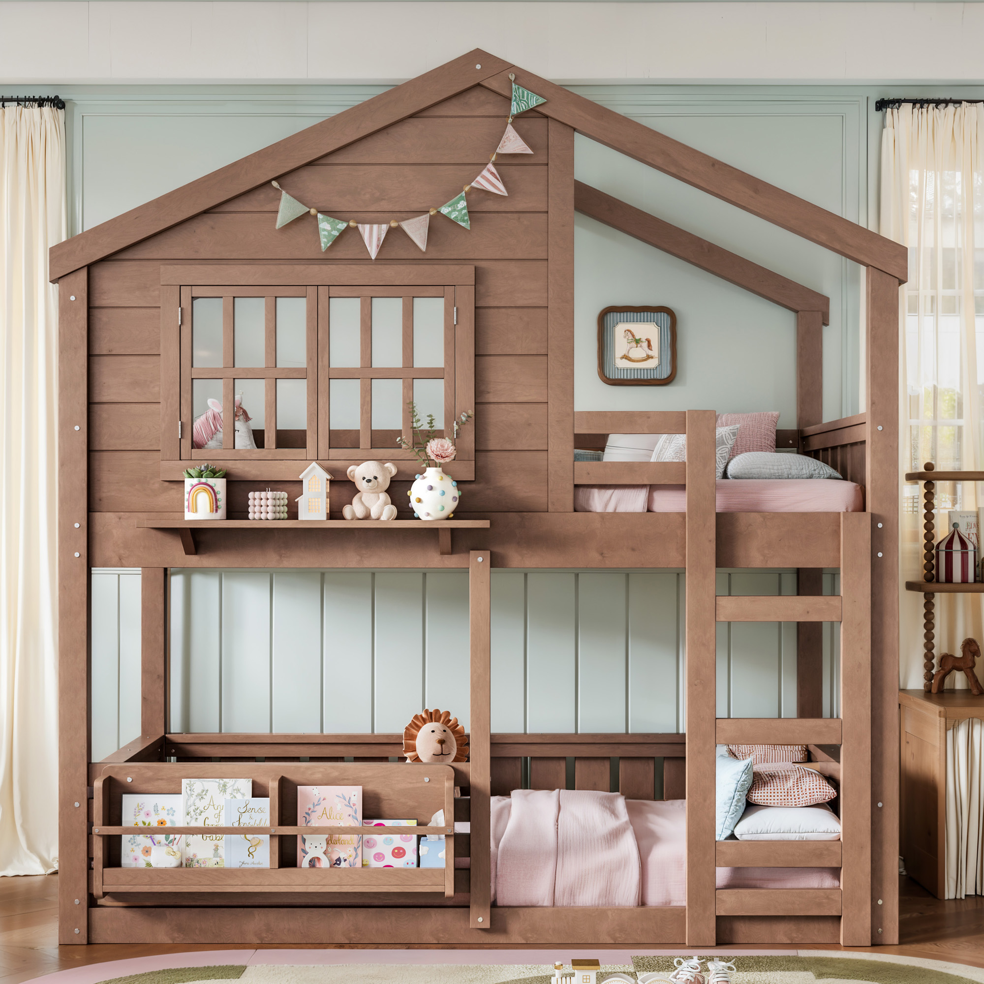 Twin Size Bunk Bed/Loft Bed with Bookshelf, House Design, High-Quality Safety Fencing,Natural