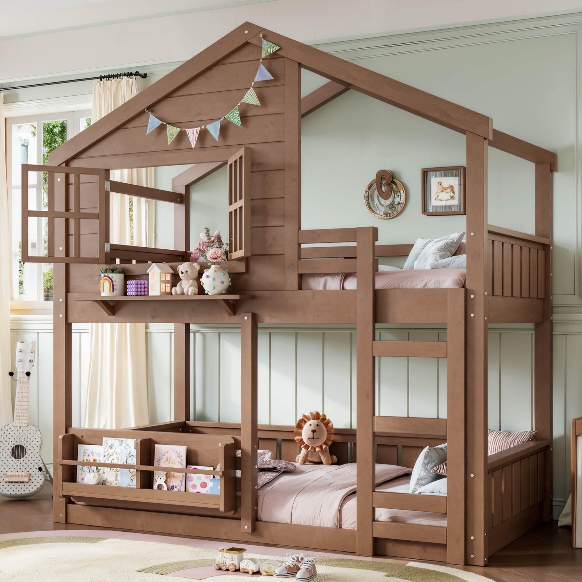Twin Size Bunk Bed/Loft Bed with Bookshelf, House Design, High-Quality Safety Fencing,Natural - Image 2