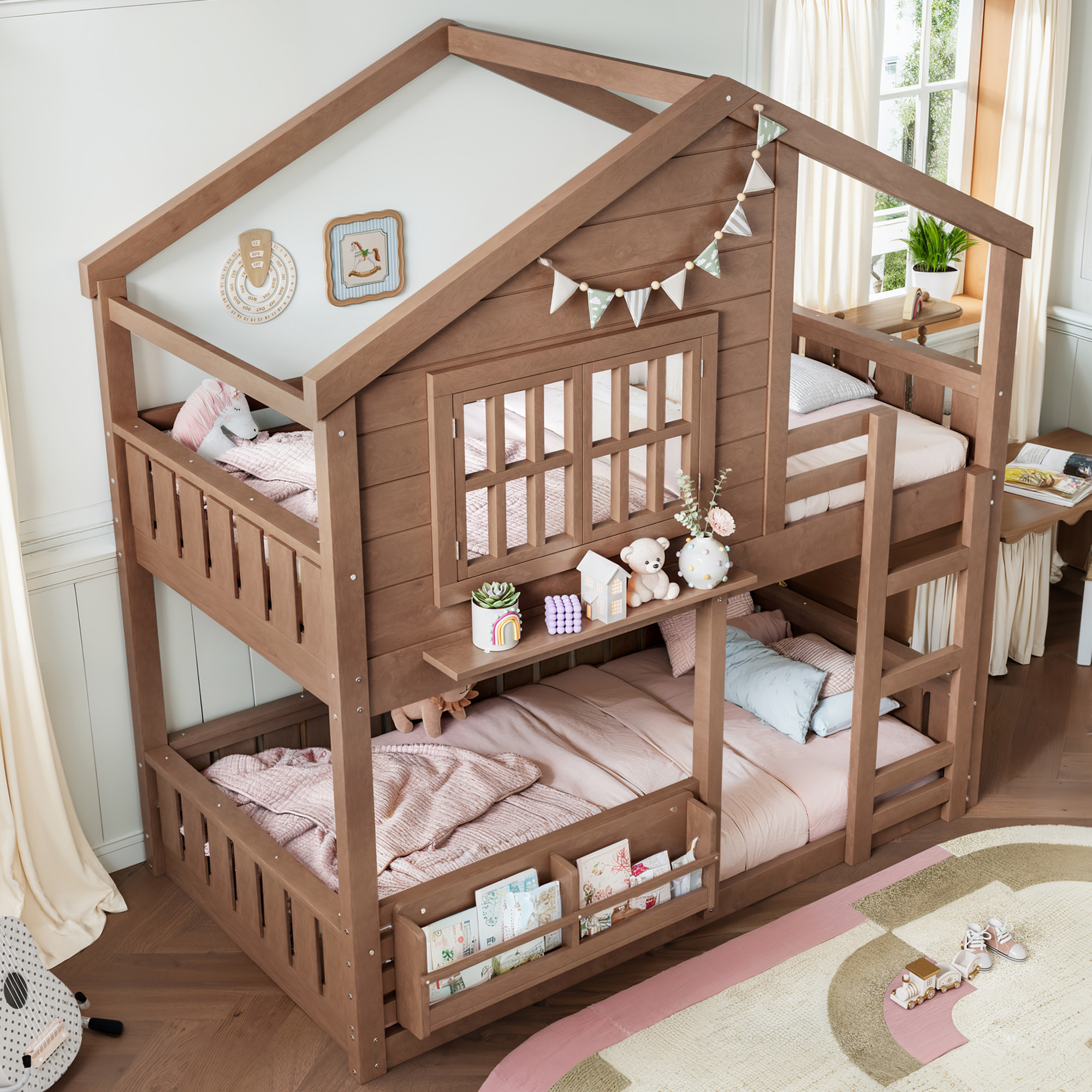 Twin Size Bunk Bed/Loft Bed with Bookshelf, House Design, High-Quality Safety Fencing,Natural - Image 3