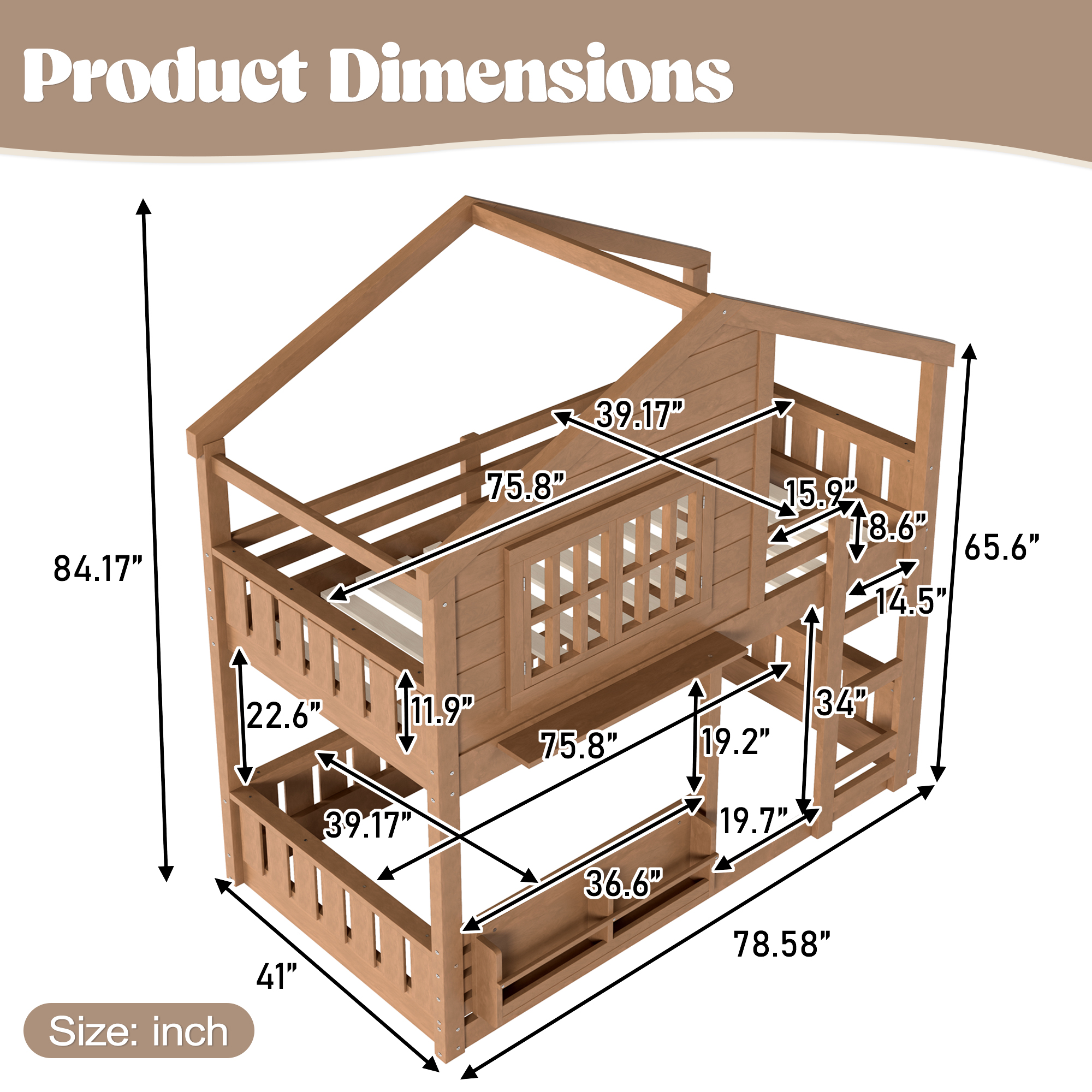 Twin Size Bunk Bed/Loft Bed with Bookshelf, House Design, High-Quality Safety Fencing,Natural - Image 4