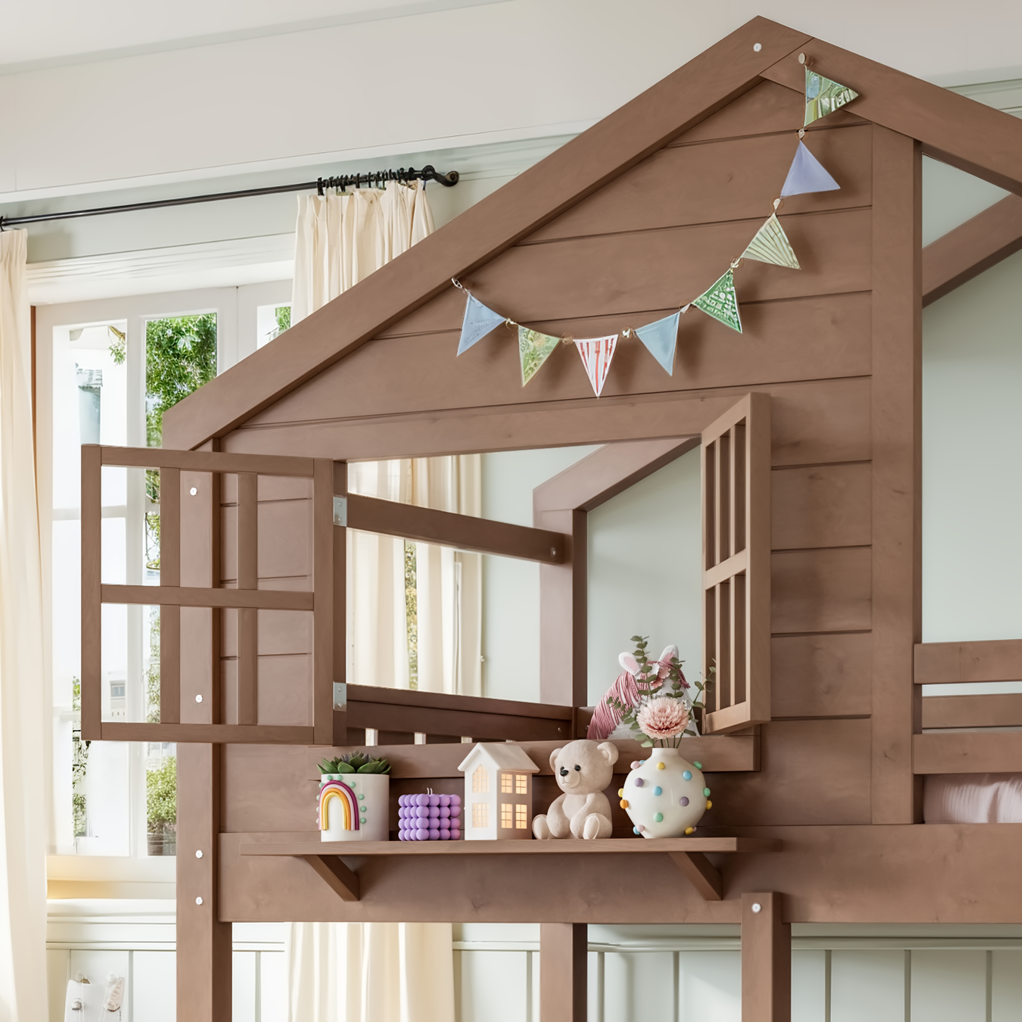 Twin Size Bunk Bed/Loft Bed with Bookshelf, House Design, High-Quality Safety Fencing,Natural - Image 5