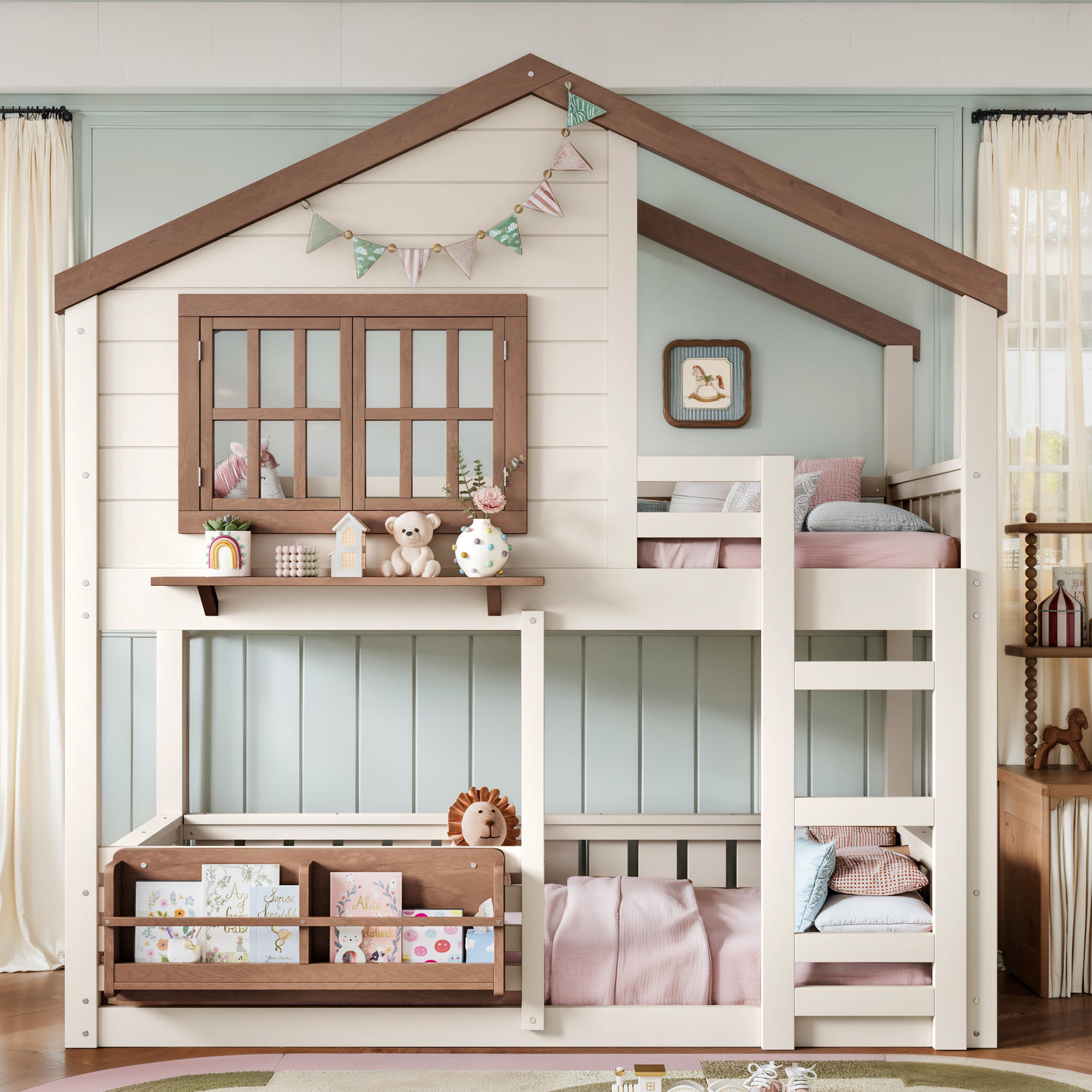 Twin Size Bunk Bed/Loft Bed with Bookshelf, House Design, High-Quality Safety Fencing,Beige & Natural