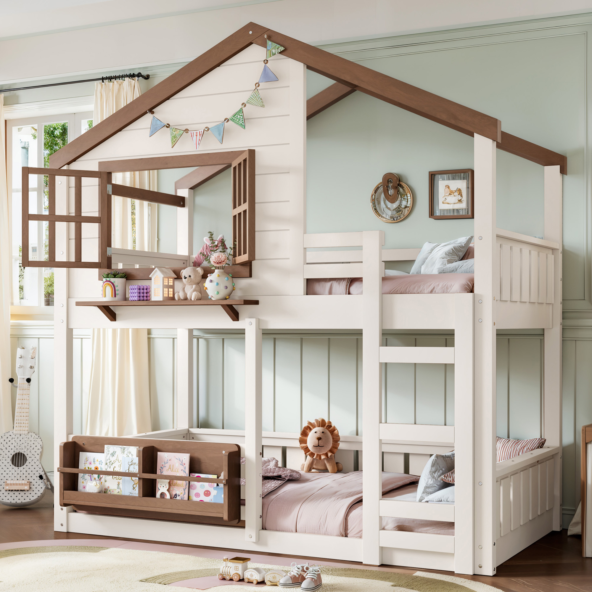 Twin Size Bunk Bed/Loft Bed with Bookshelf, House Design, High-Quality Safety Fencing,Beige & Natural - Image 2