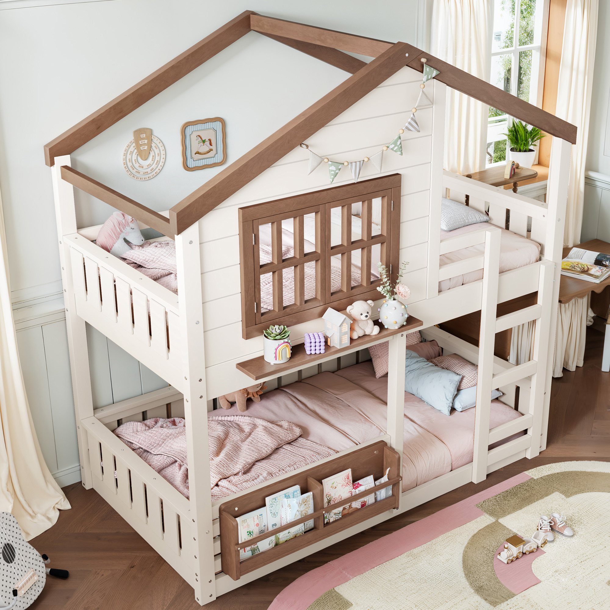 Twin Size Bunk Bed/Loft Bed with Bookshelf, House Design, High-Quality Safety Fencing,Beige & Natural - Image 3