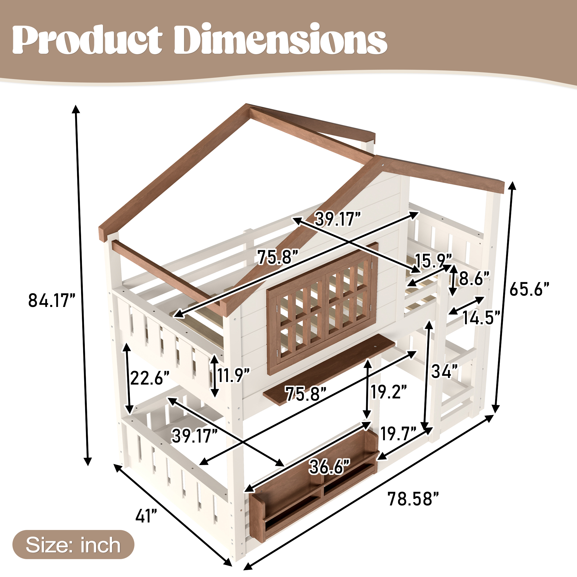 Twin Size Bunk Bed/Loft Bed with Bookshelf, House Design, High-Quality Safety Fencing,Beige & Natural - Image 4