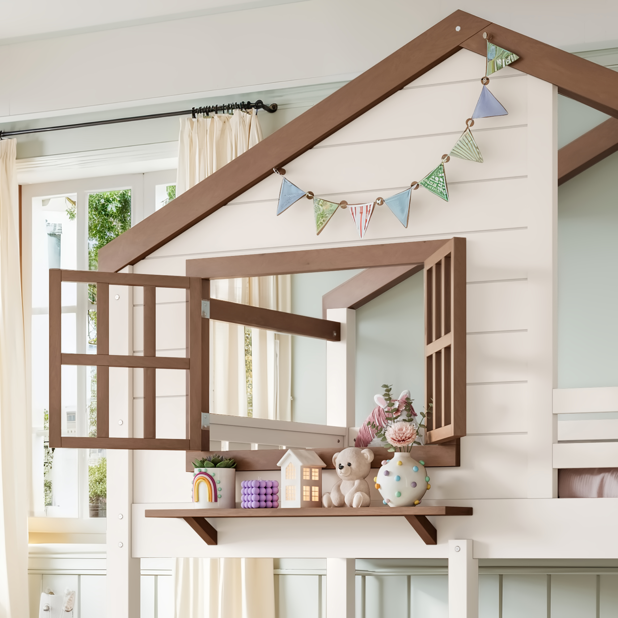 Twin Size Bunk Bed/Loft Bed with Bookshelf, House Design, High-Quality Safety Fencing,Beige & Natural - Image 5