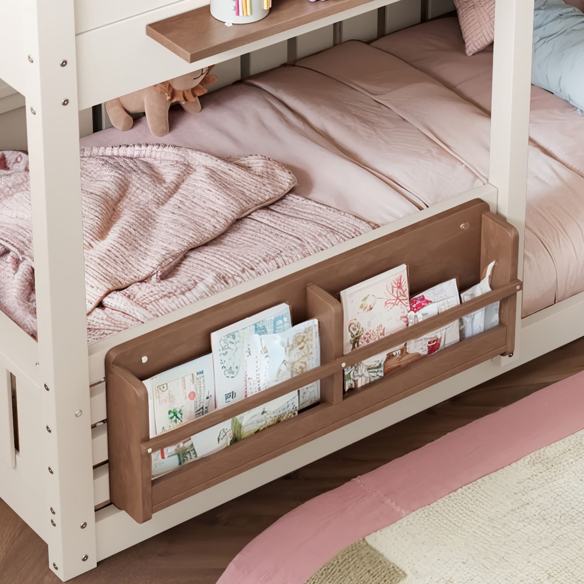 Twin Size Bunk Bed/Loft Bed with Bookshelf, House Design, High-Quality Safety Fencing,Beige & Natural - Image 6