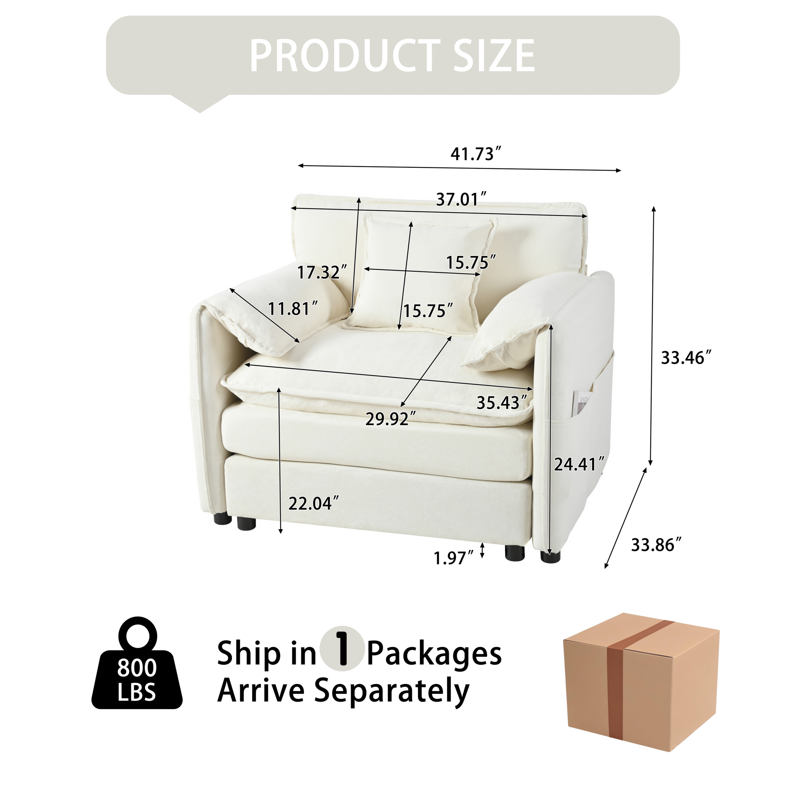 (Old:W3163P269202)Oversized 41.73" Chenille Armchair with 1 Toss Pillow, Modern Modular Reading Chair for Living Room or Bedroom, Deep-Seat DIY Sectional Sofa,Chenille,Beige - Image 2