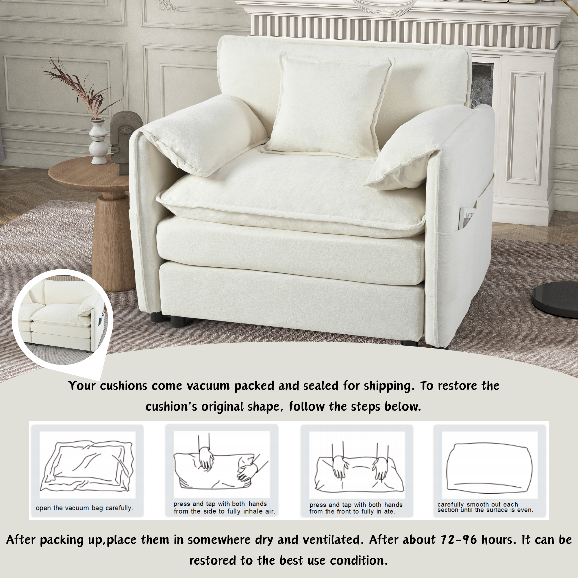 (Old:W3163P269202)Oversized 41.73" Chenille Armchair with 1 Toss Pillow, Modern Modular Reading Chair for Living Room or Bedroom, Deep-Seat DIY Sectional Sofa,Chenille,Beige - Image 3